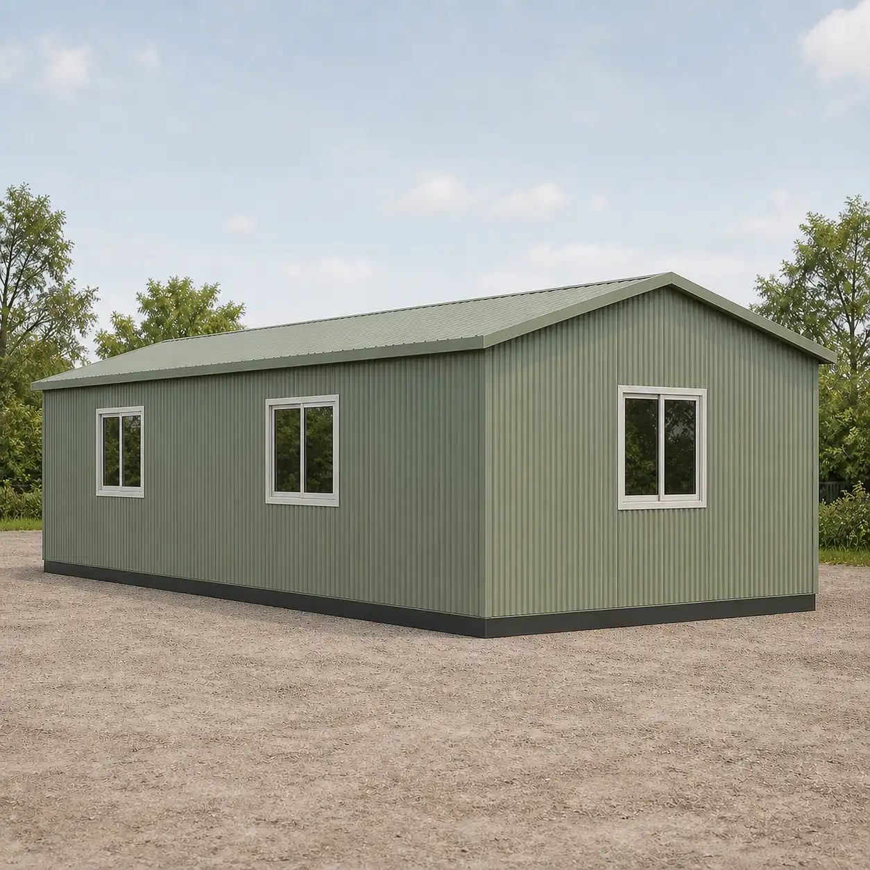 Rear of the 20x10 ft executive portable office showing both Wall B windows and one end-wall window