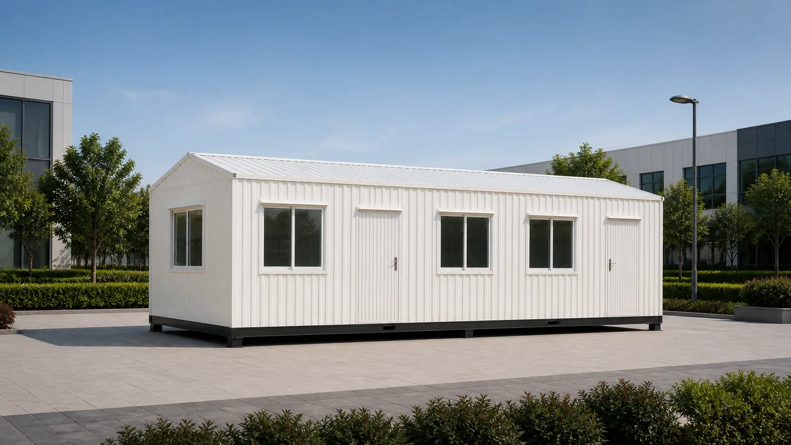 Wide view of the 40x10 ft executive portable office, the only size that arrives partitioned, showing the 400 sq ft shell that carries the manager room and the open bay