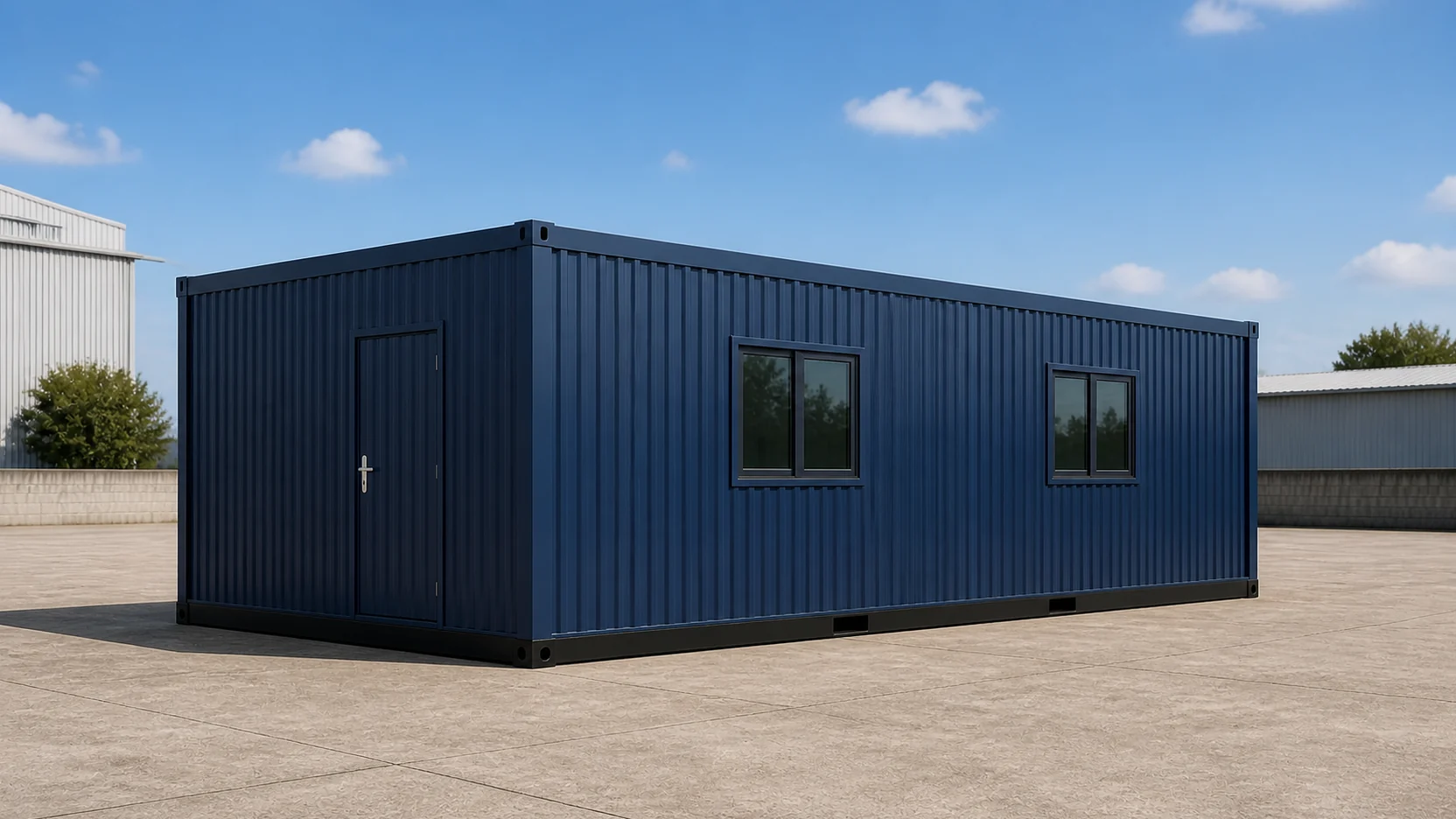 Deep blue 10 by 20 ft expandable container office deployed on a concrete hardstand