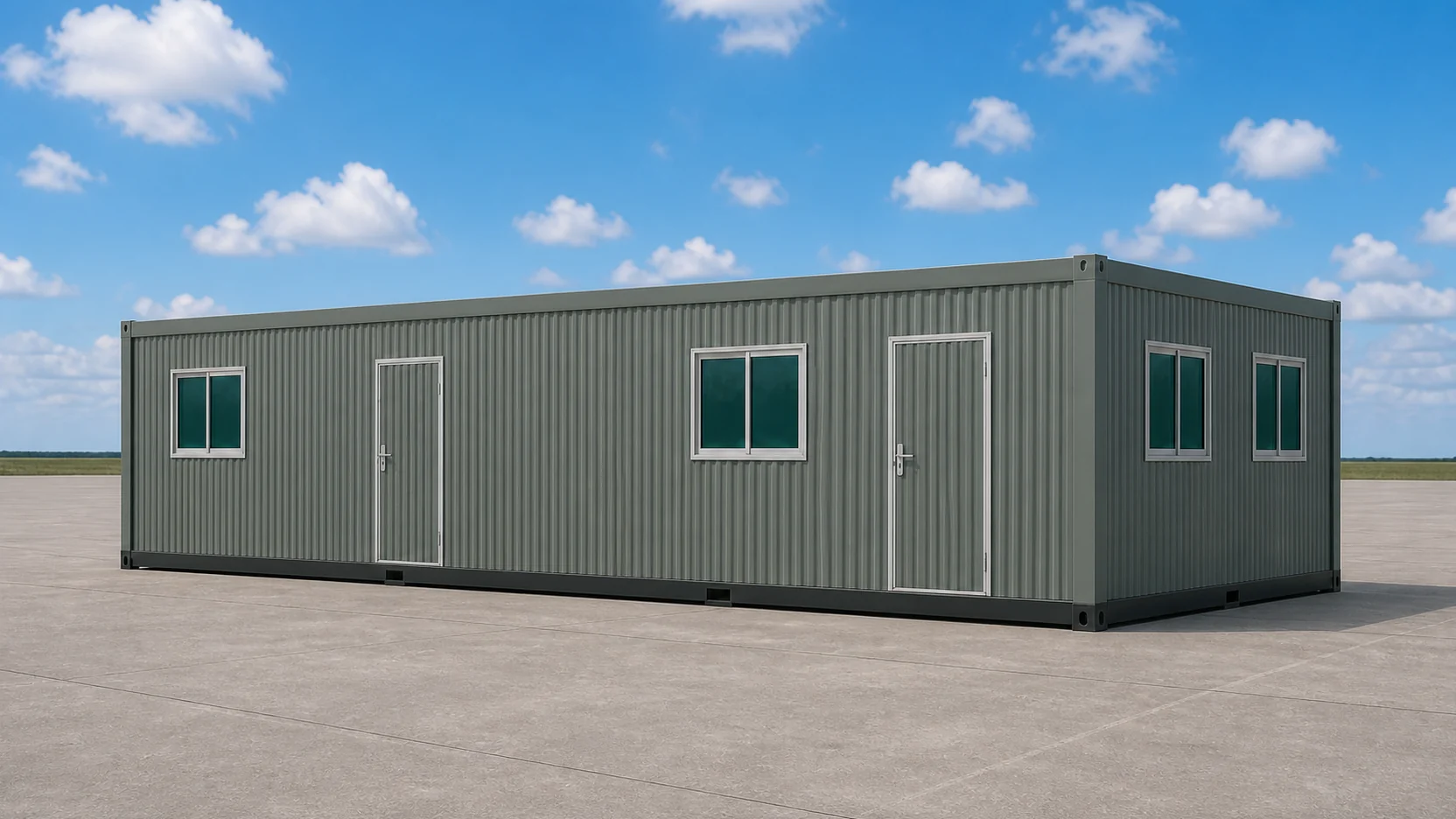 Grey-green 30 by 20 ft expandable container office with two external doors on the long wall