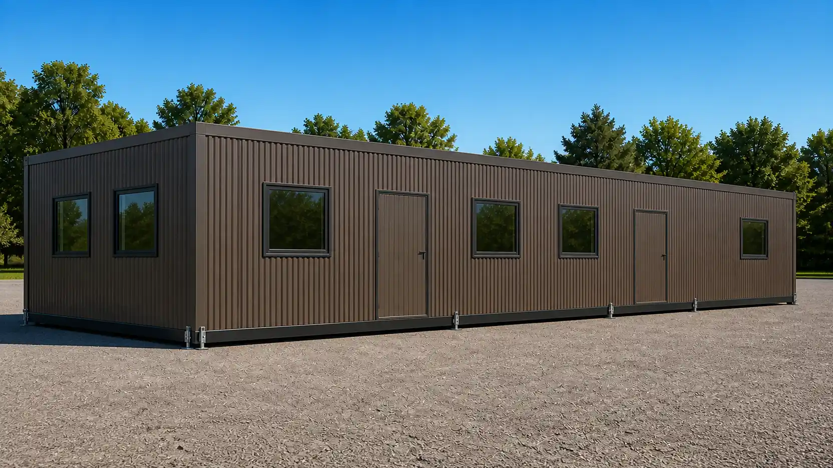 Bronze 40 by 20 ft expandable container office deployed on screw-jack legs