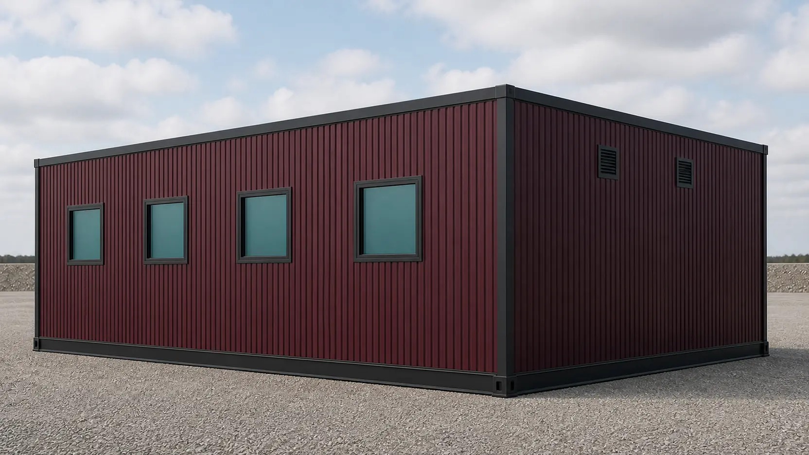 Burgundy 40 by 40 ft expandable container office deployed on a concrete apron