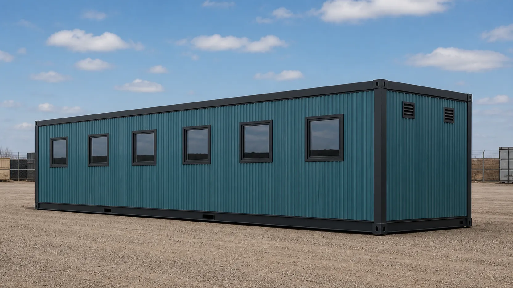 Teal 60 by 20 ft expandable container office, single-width run with three external doors