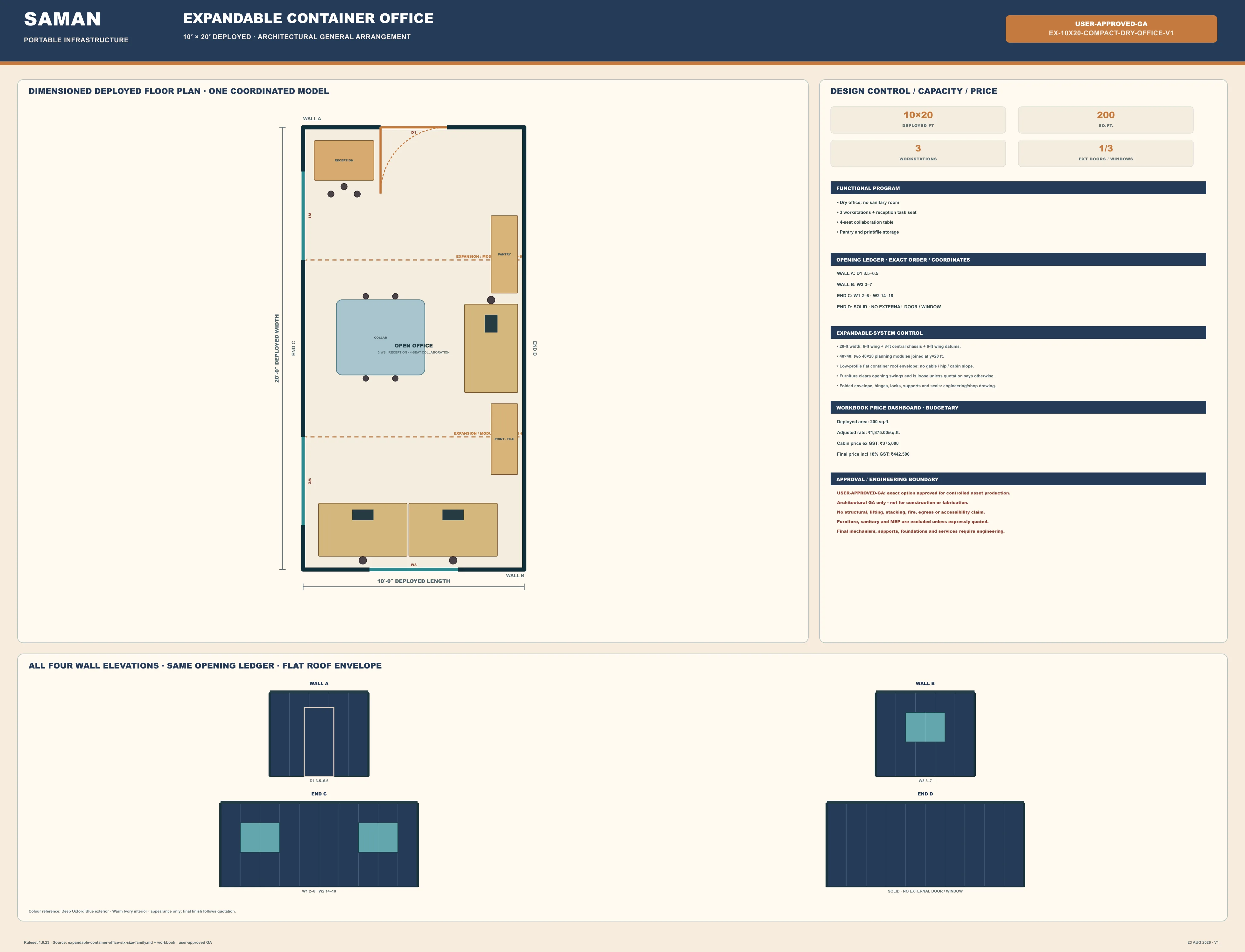 Approved general arrangement drawing for the 10 x 20 ft expandable container office