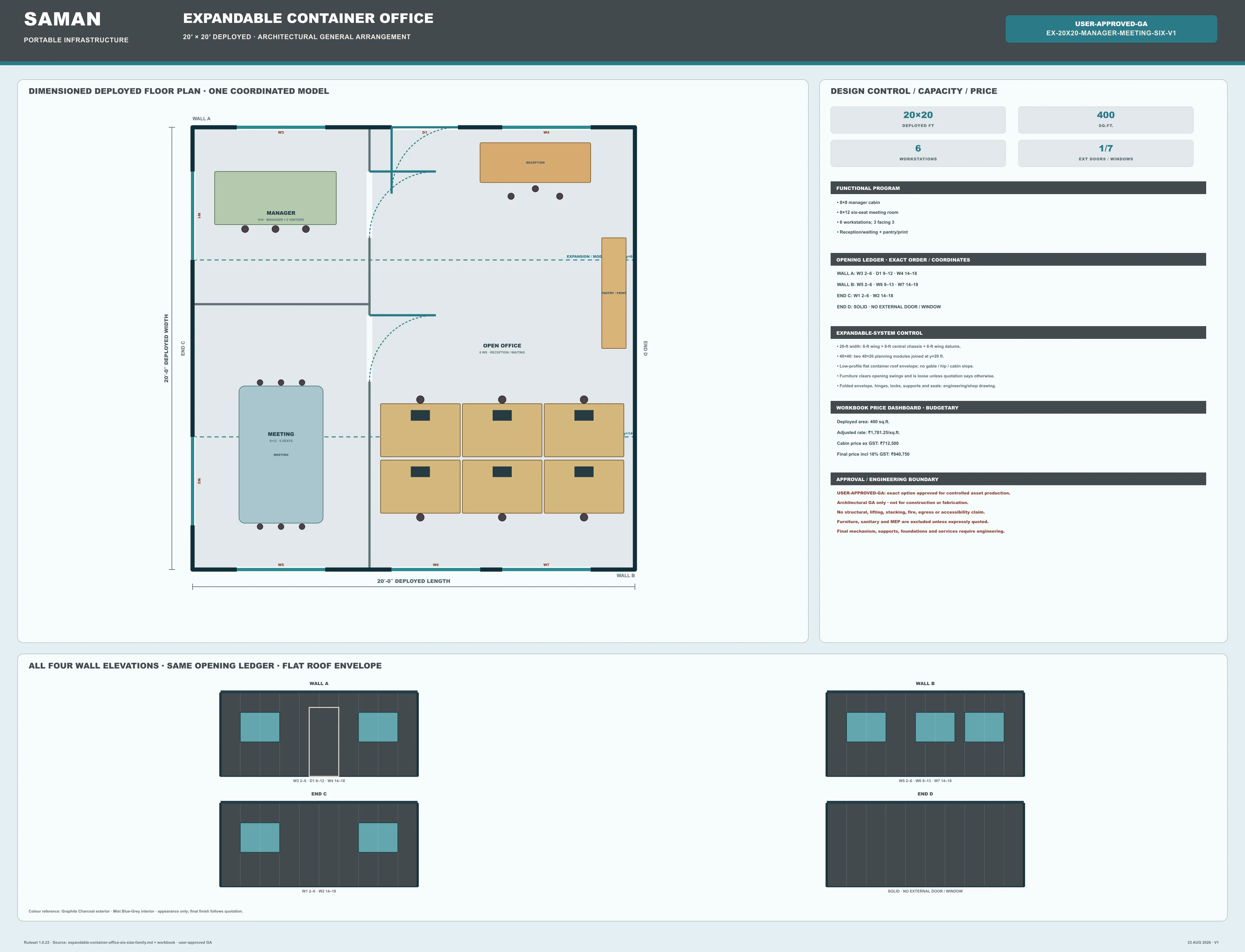 Approved general arrangement drawing for the 20 x 20 ft expandable container office