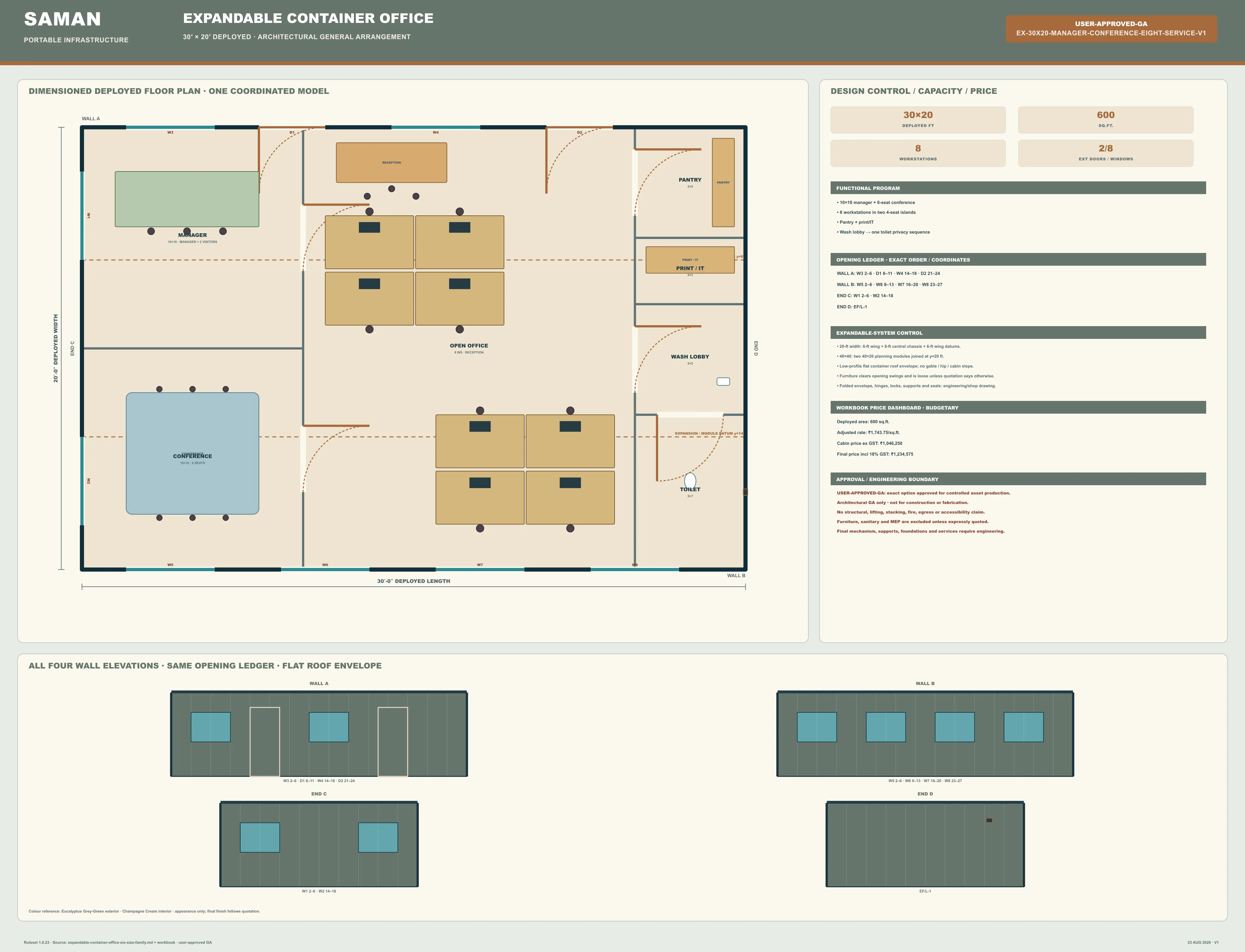 Approved general arrangement drawing for the 30 x 20 ft expandable container office