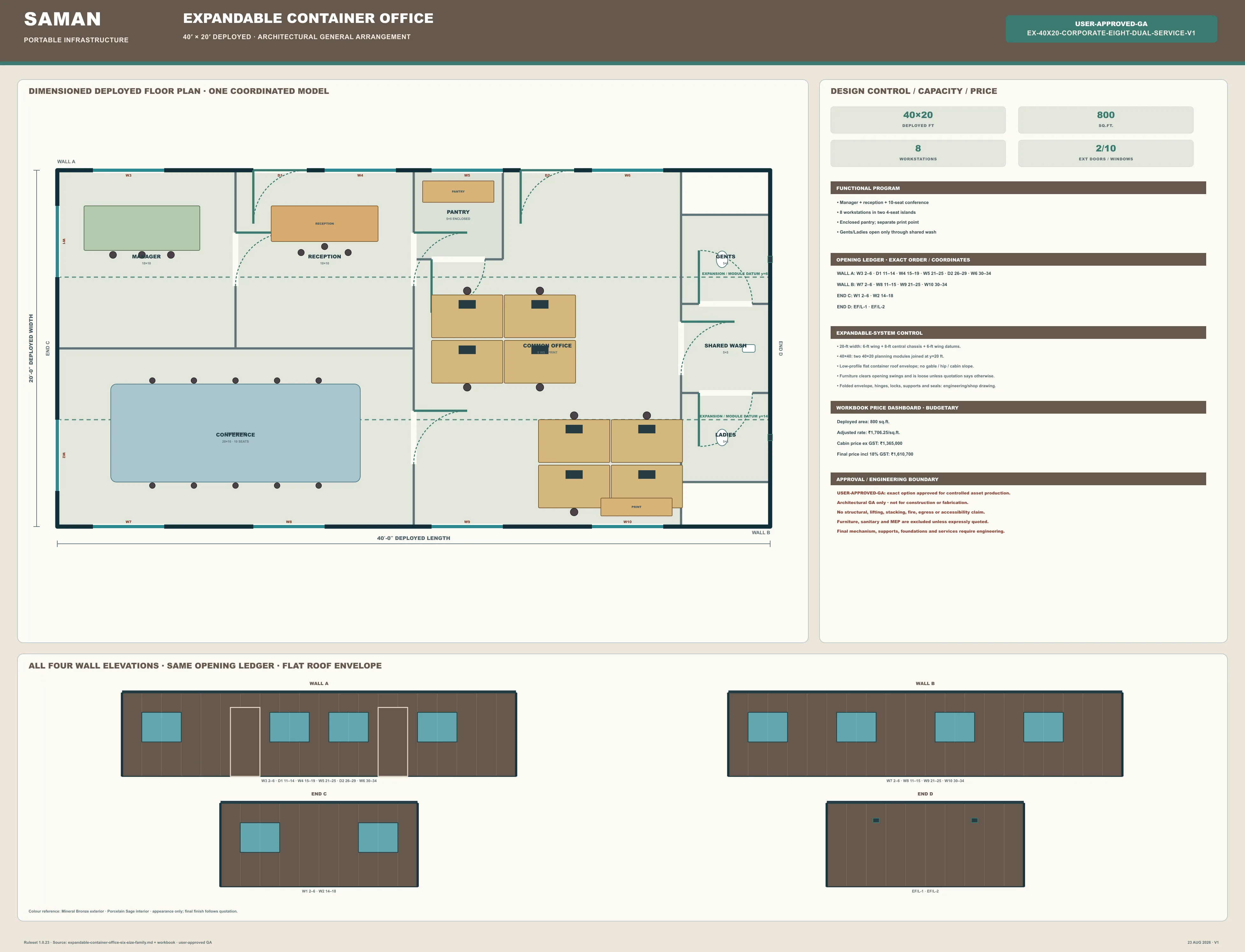 Approved general arrangement drawing for the 40 x 20 ft expandable container office