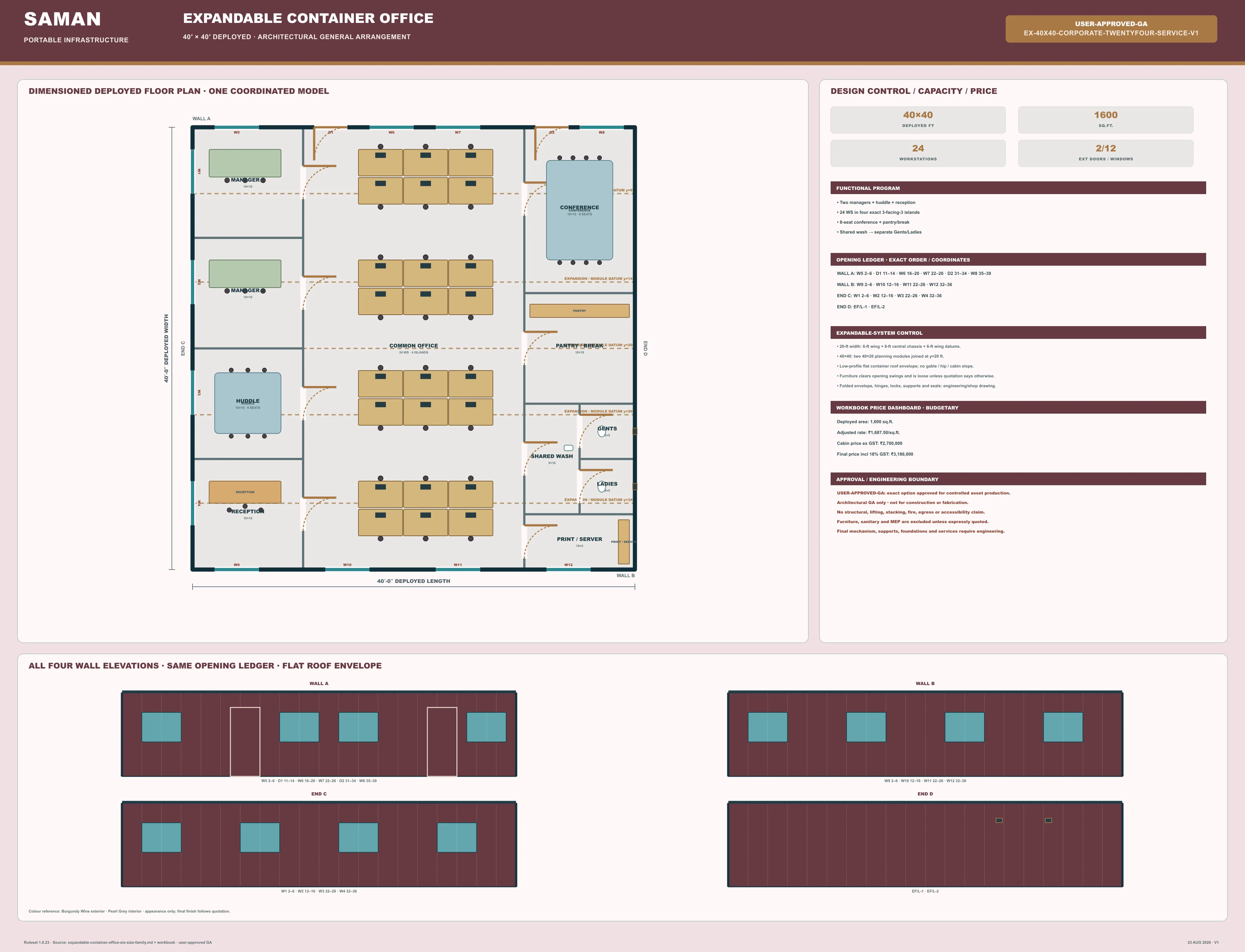 Approved general arrangement drawing for the 40 x 40 ft expandable container office