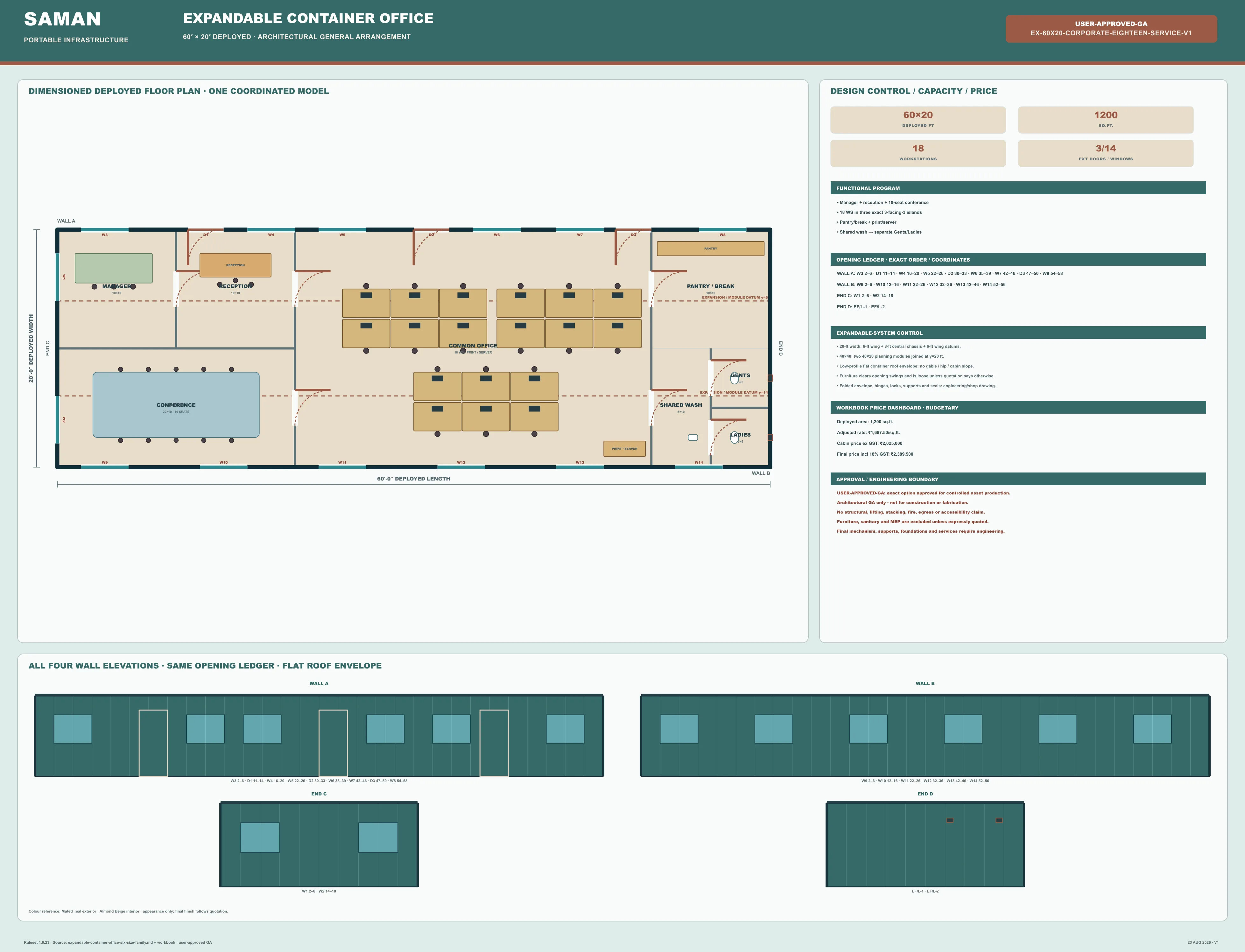 Approved general arrangement drawing for the 60 x 20 ft expandable container office