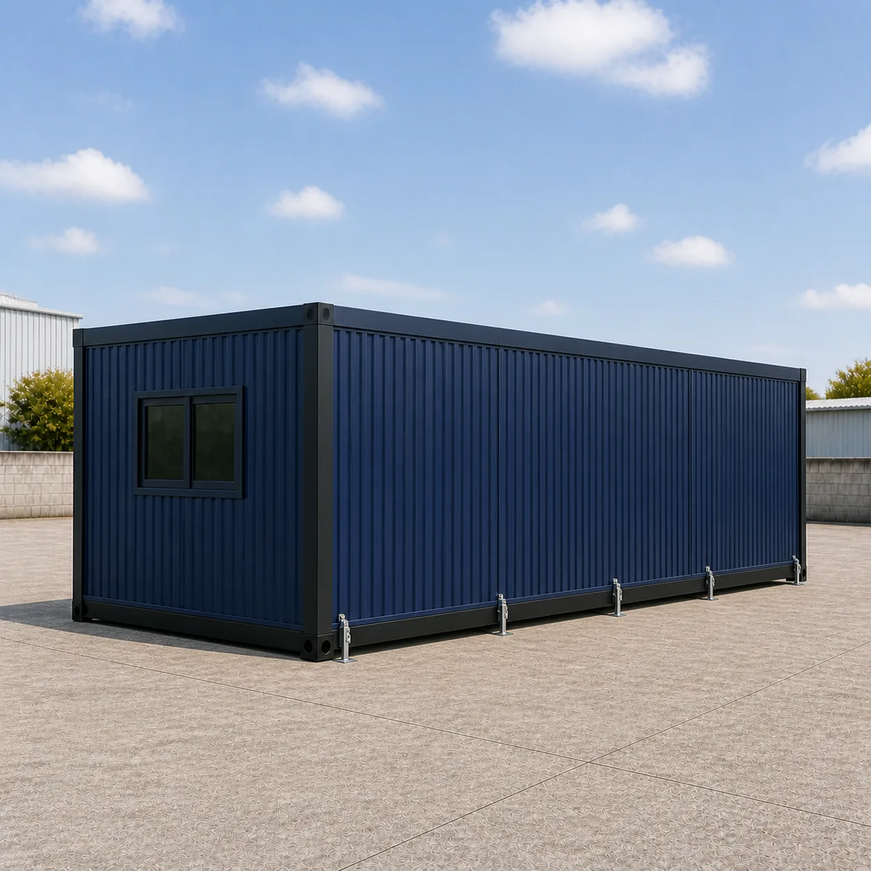 Deep Oxford Blue 10 by 20 ft expandable container office deployed, window wall and solid end wall