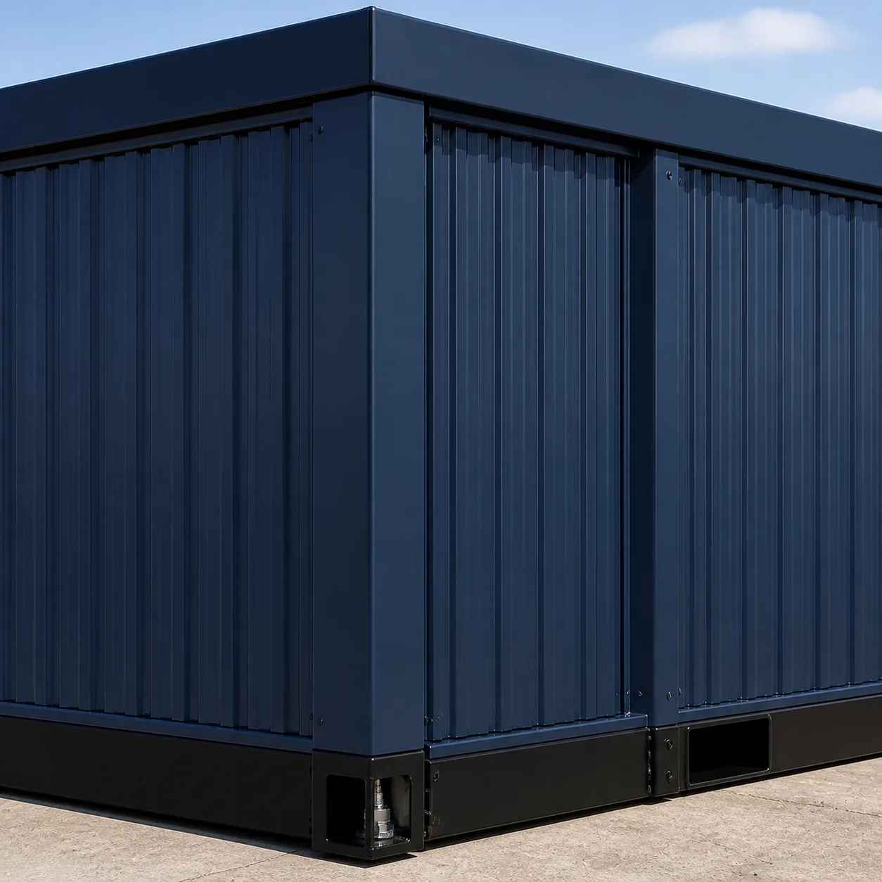 Close view of Deep Oxford Blue vertical corrugated MS cladding, corner post and base rail