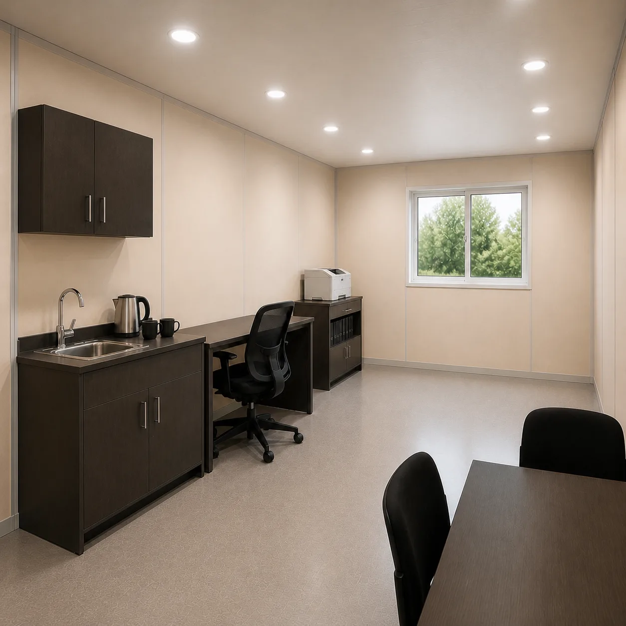 Warm Ivory pantry counter with sink, workstation and printer cabinet, 10 by 20 ft expandable office