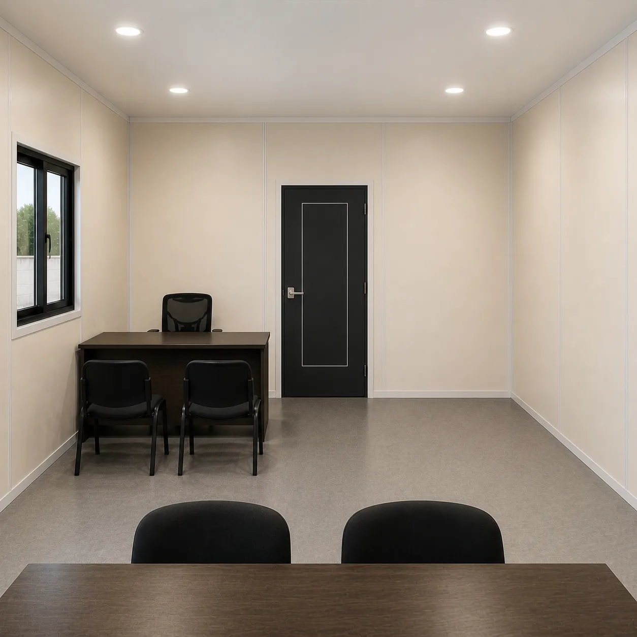 Warm Ivory reception inside the 10 by 20 ft expandable container office, desk and visitor chairs
