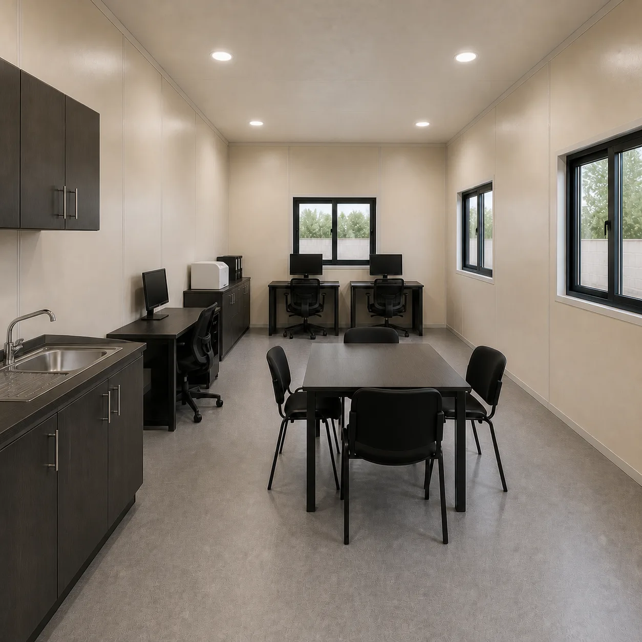 Warm Ivory interior of the 10 by 20 ft expandable office with desks, meeting table and pantry