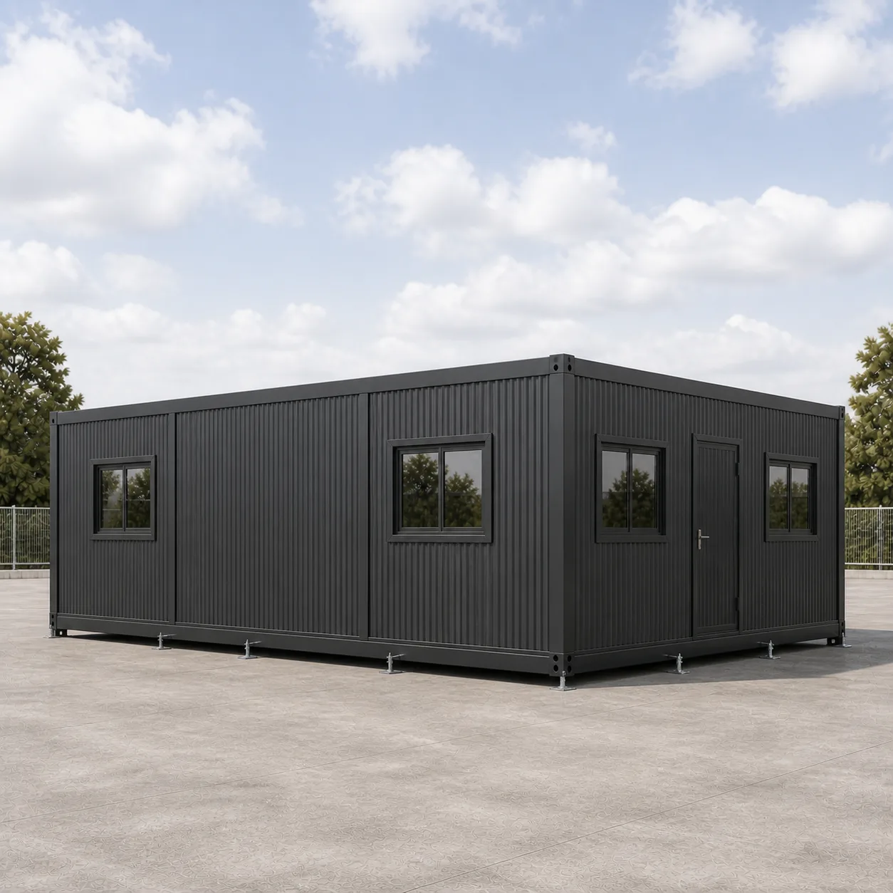 Graphite Charcoal 20 by 20 ft expandable container office deployed, entrance wall and end wall in view