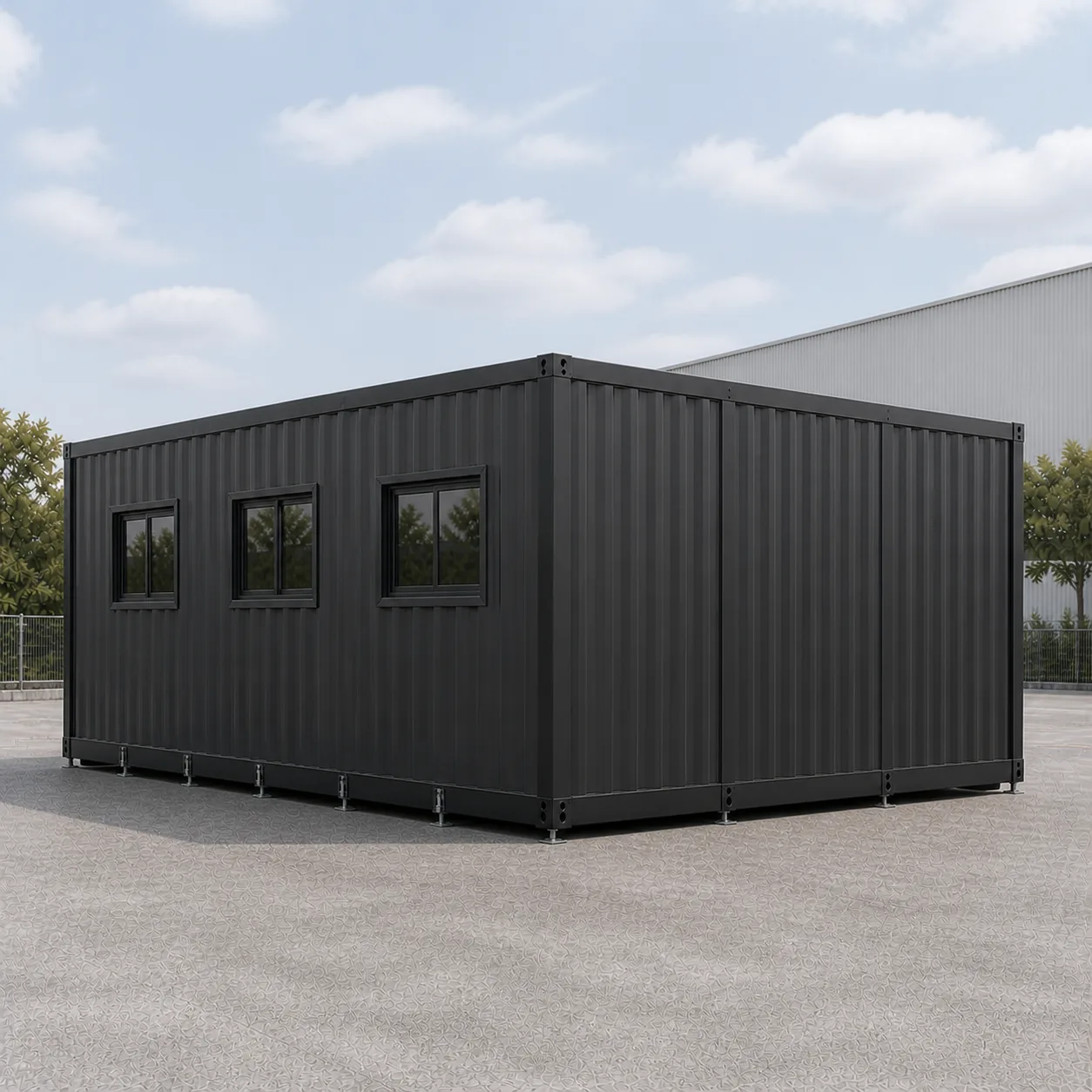 Graphite Charcoal 20 by 20 ft expandable container office deployed, window wall and solid end wall