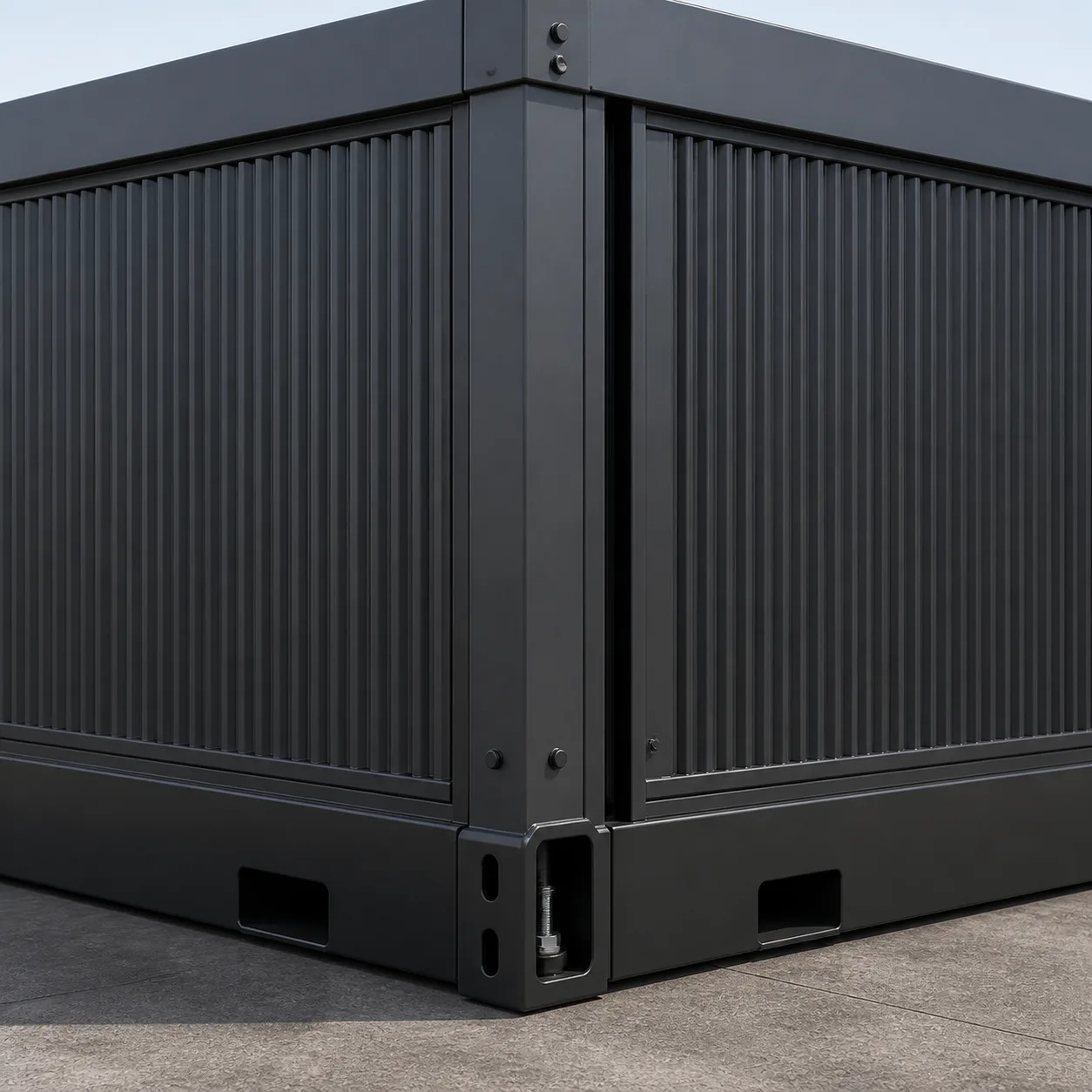 Close view of Graphite Charcoal vertical corrugated MS cladding, corner post and base rail