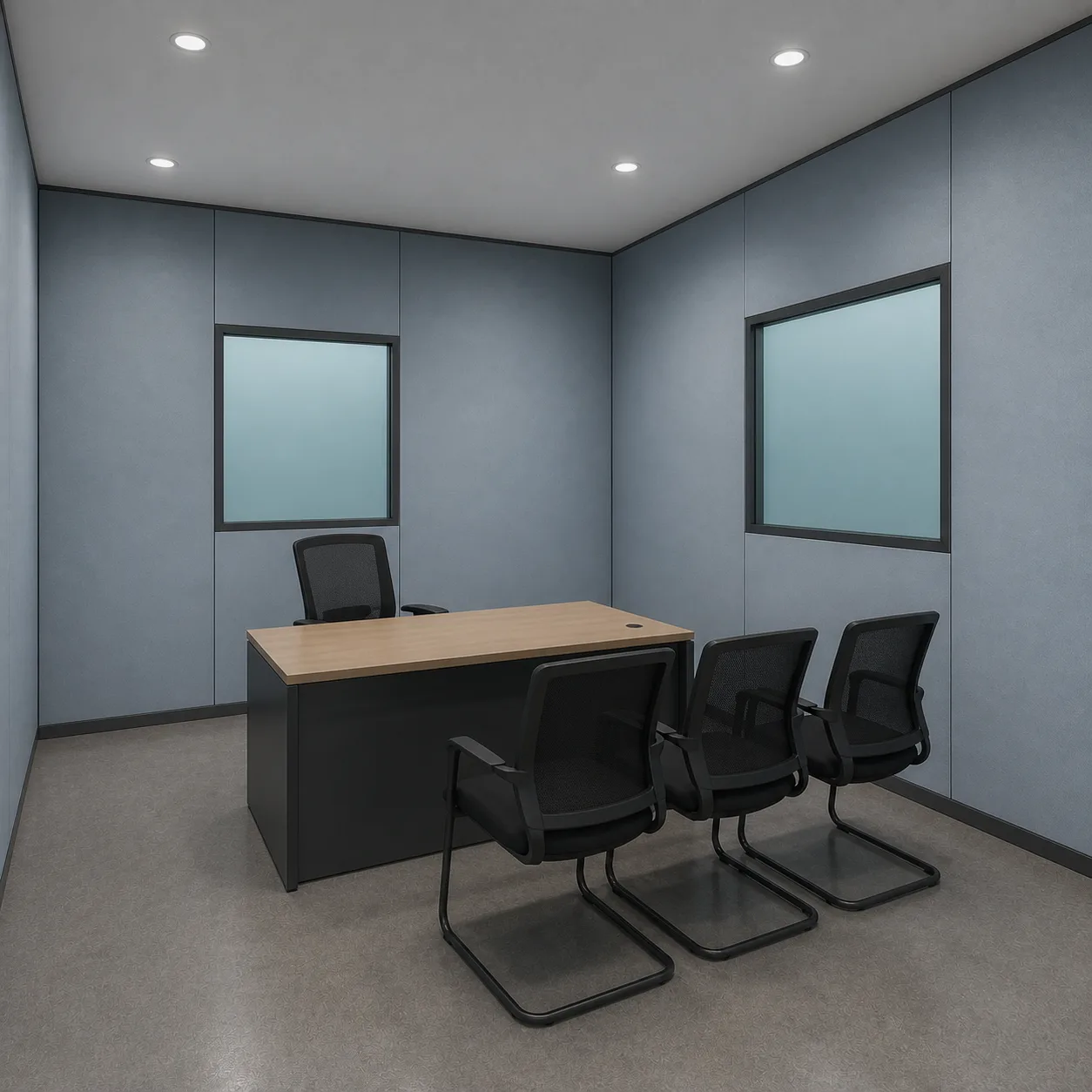 Mist Blue-Grey manager room inside the 20 by 20 ft expandable container office, desk and visitor chairs