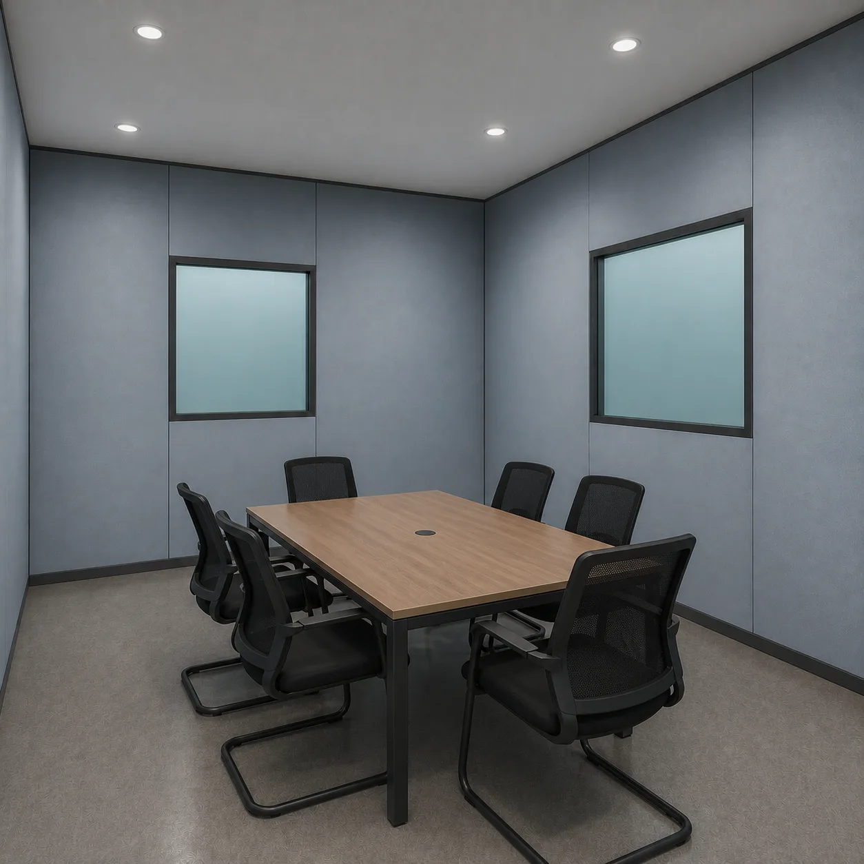 Mist Blue-Grey six-seat meeting room inside the 20 by 20 ft expandable container office