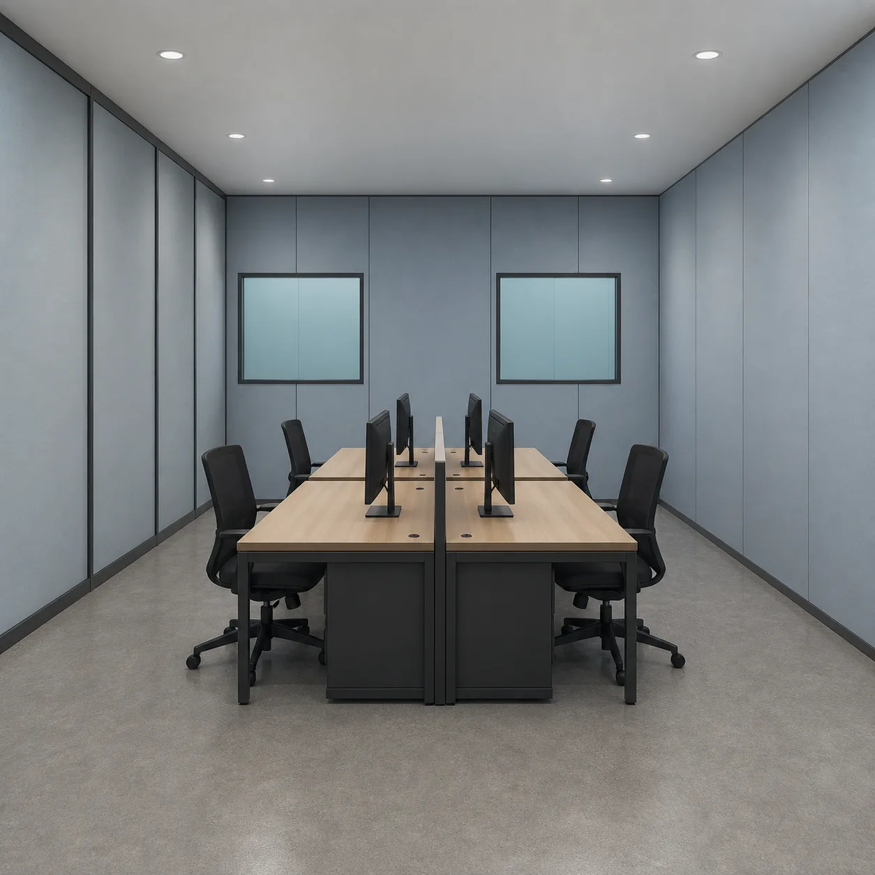 Mist Blue-Grey open office inside the 20 by 20 ft expandable container office, desks in facing islands
