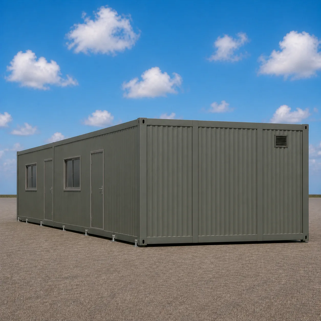 Eucalyptus Grey-Green 30 by 20 ft expandable container office deployed, entrance wall and end wall in view