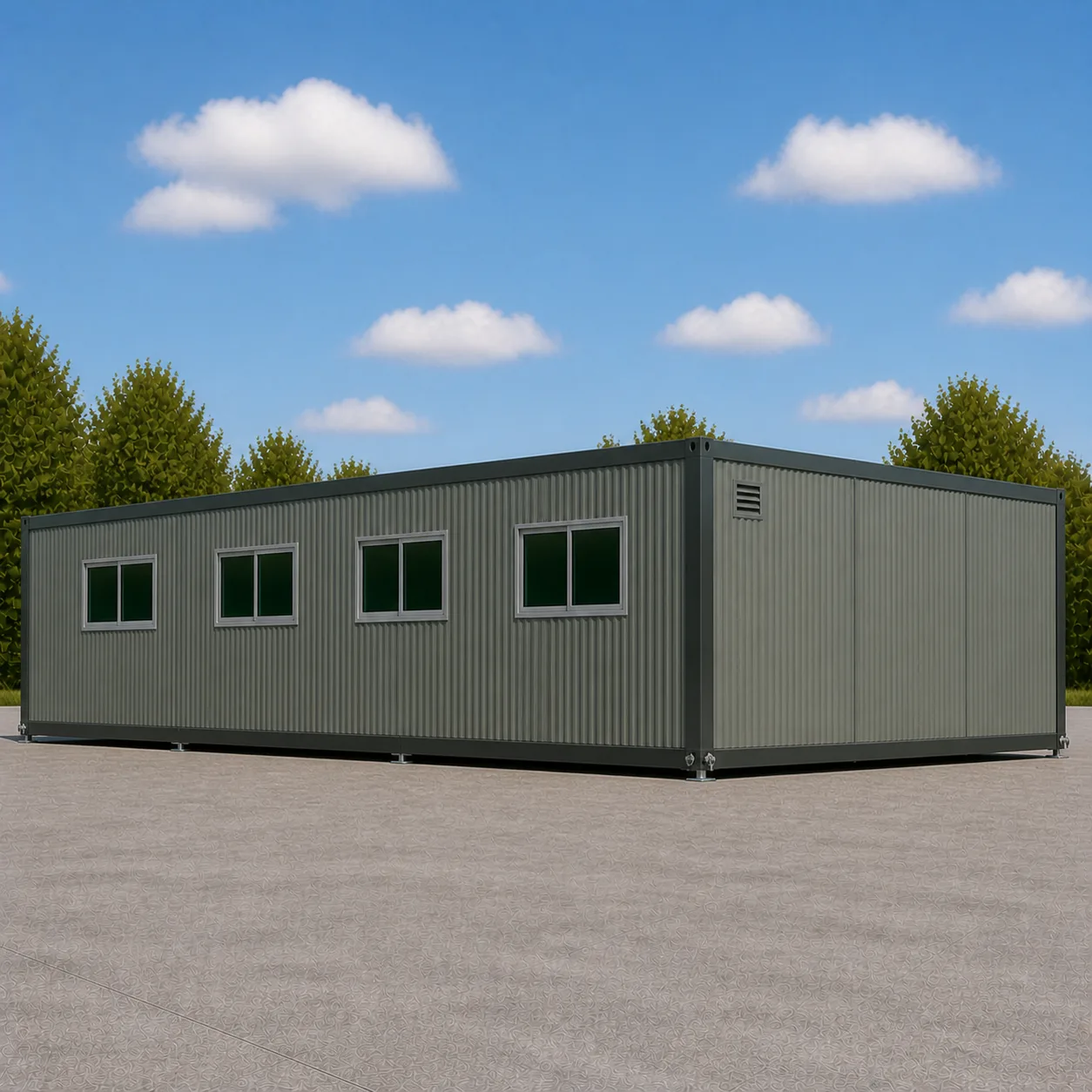 Eucalyptus Grey-Green 30 by 20 ft expandable container office deployed, window wall and solid end wall