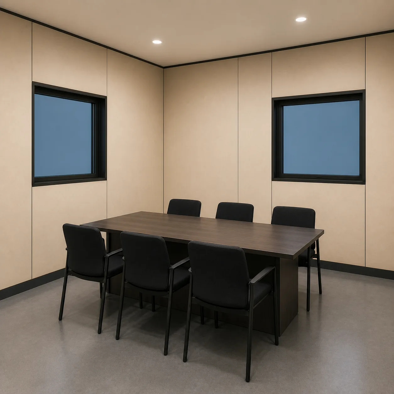 Champagne Cream conference room inside the 30 by 20 ft expandable container office, long table and chairs