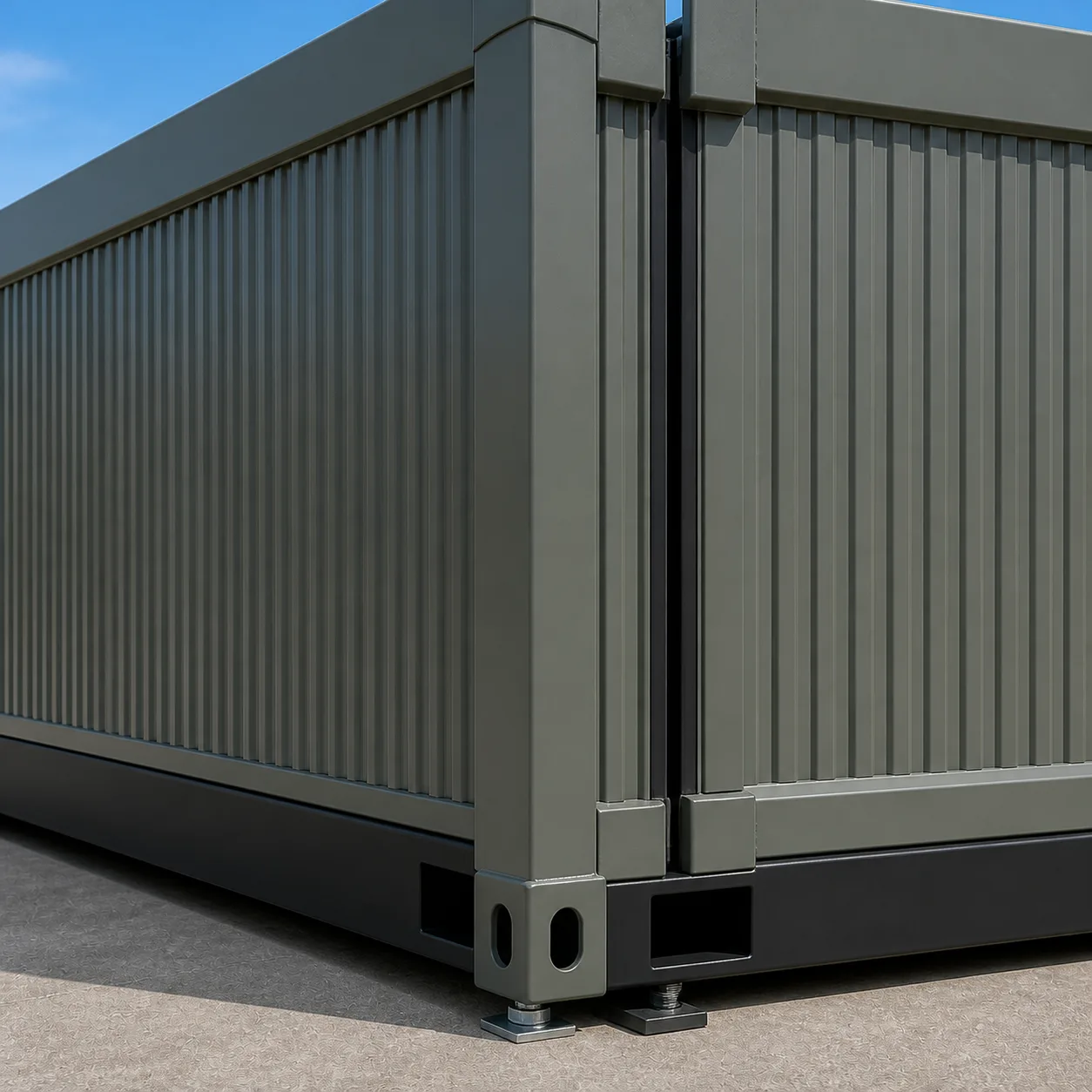 Close view of Eucalyptus Grey-Green vertical corrugated MS cladding, corner post and base rail