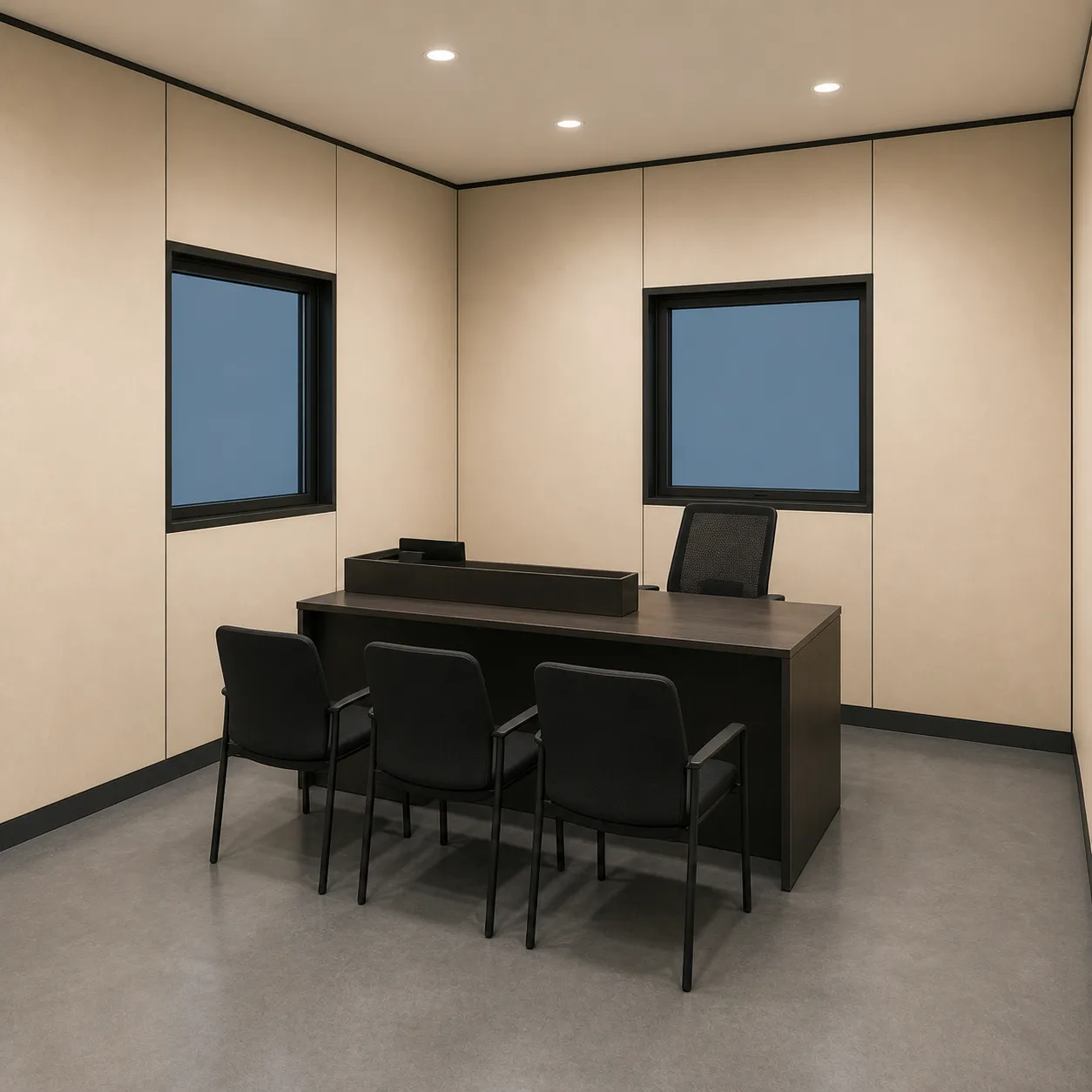 Champagne Cream manager room inside the 30 by 20 ft expandable container office, desk and visitor chairs