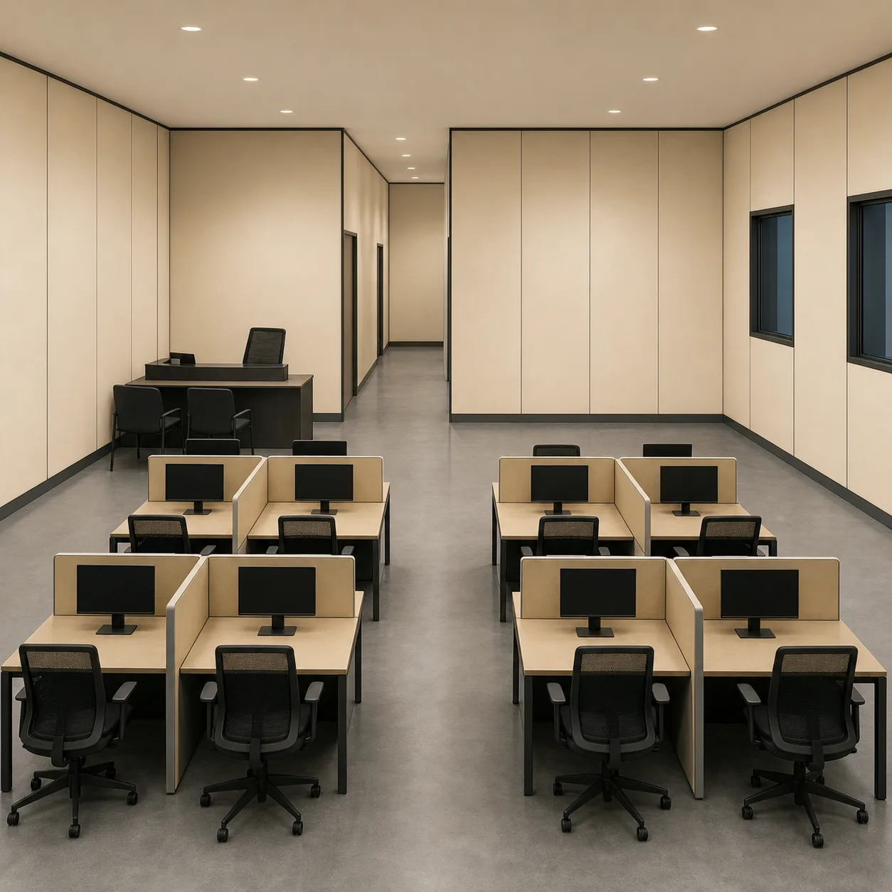 Champagne Cream open office inside the 30 by 20 ft expandable container office, desks in facing islands