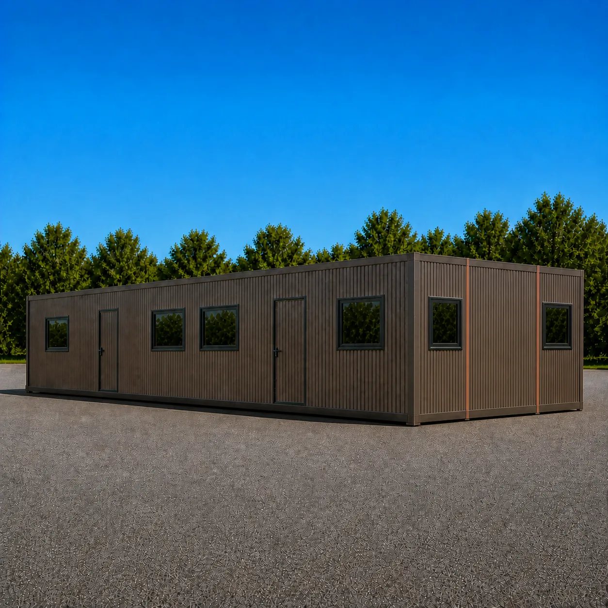 Mineral Bronze 40 by 20 ft expandable container office deployed, entrance wall and end wall in view