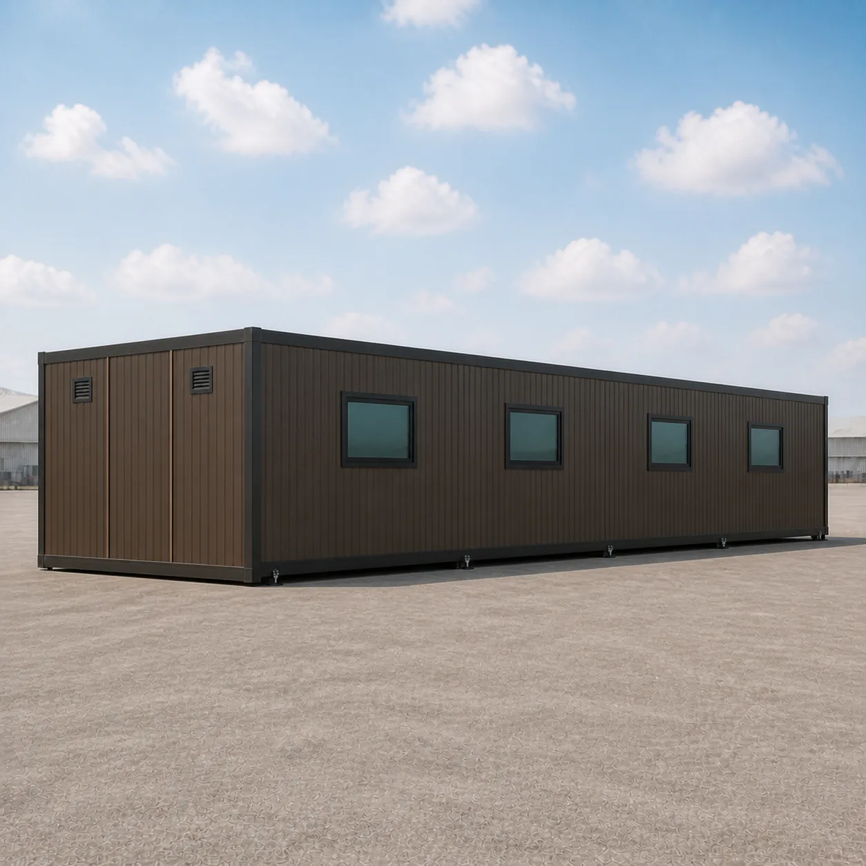 Mineral Bronze 40 by 20 ft expandable container office deployed, window wall and solid end wall