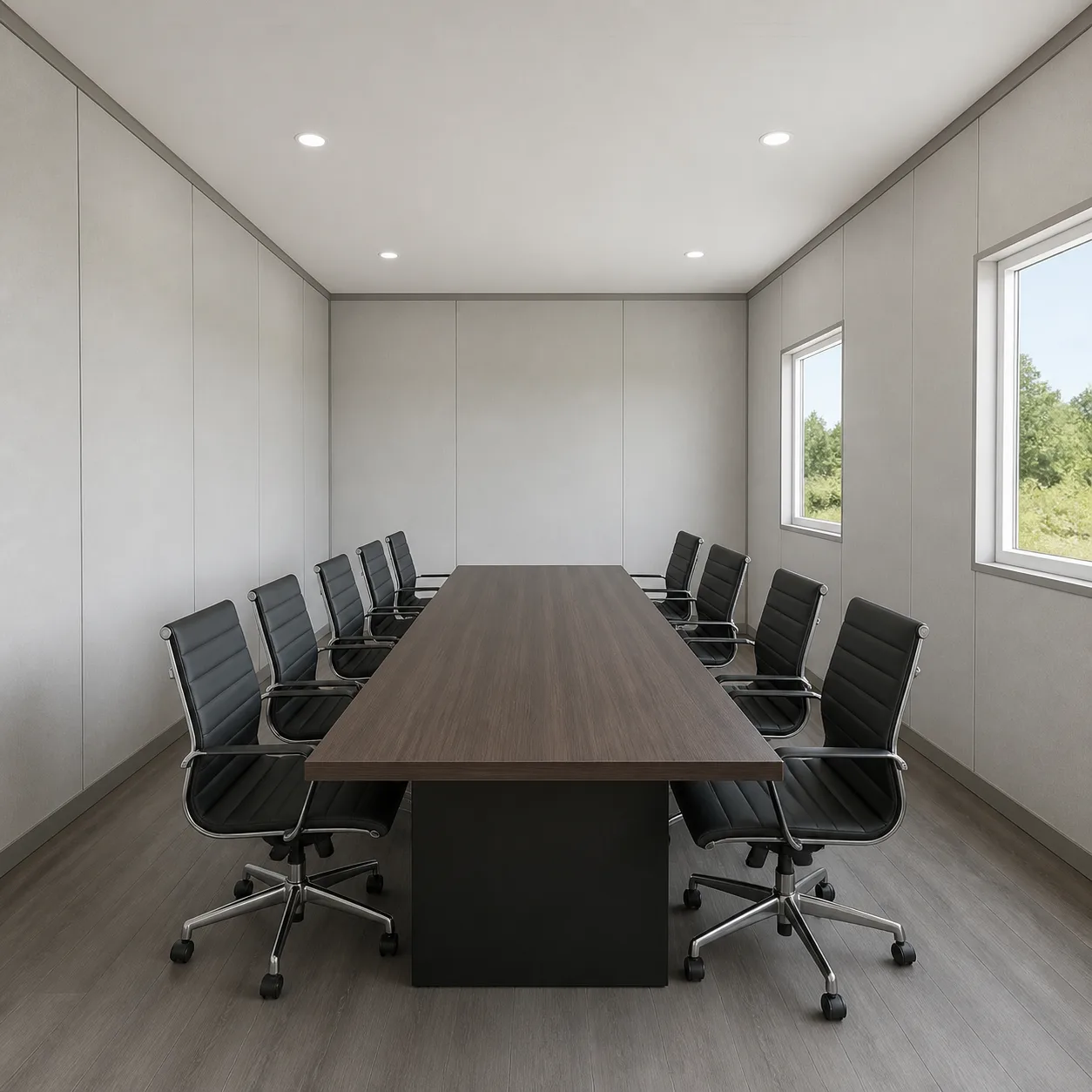 Porcelain Sage conference room inside the 40 by 20 ft expandable container office, long table and chairs