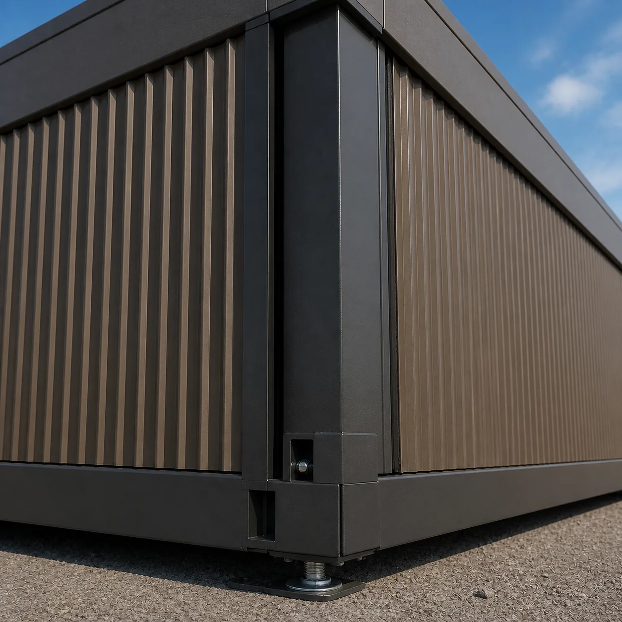 Close view of Mineral Bronze vertical corrugated MS cladding, corner post and base rail
