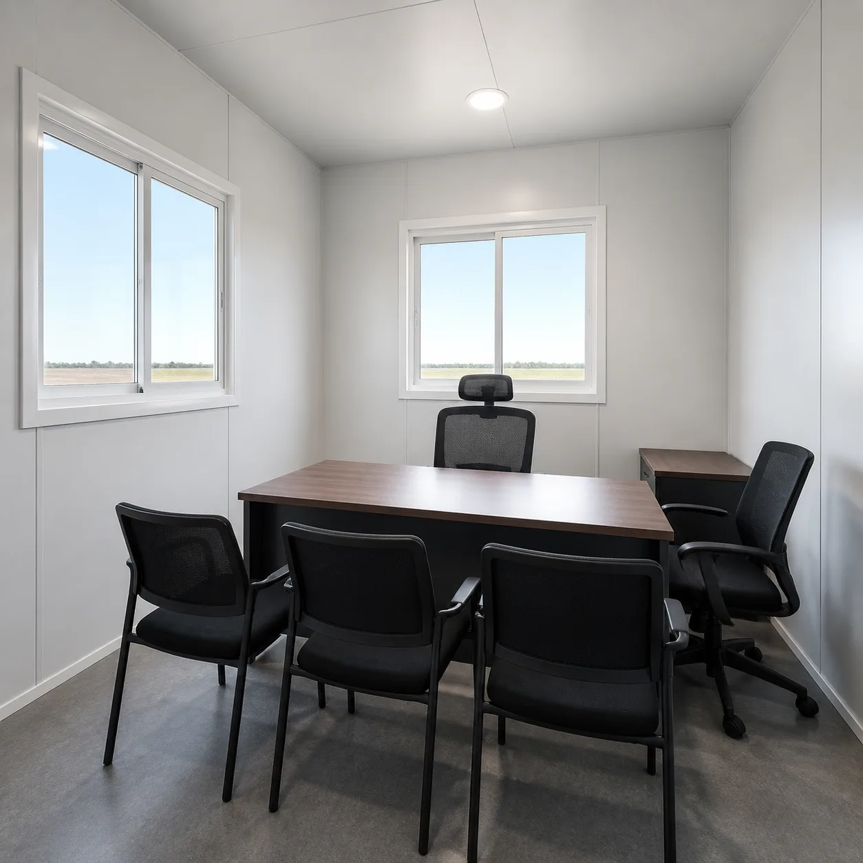 Porcelain Sage manager room inside the 40 by 20 ft expandable container office, desk and visitor chairs