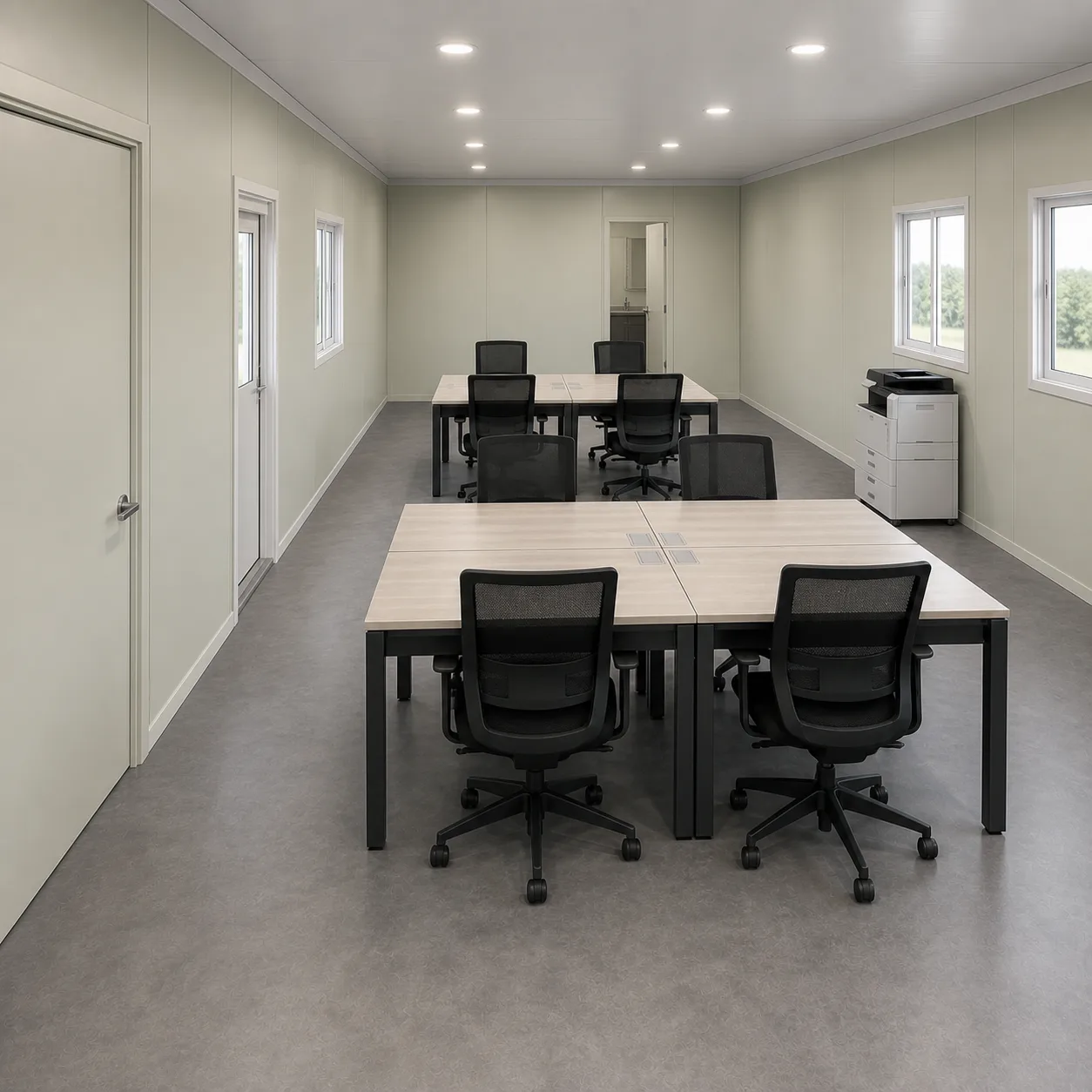 Porcelain Sage open office inside the 40 by 20 ft expandable container office, desks in facing islands