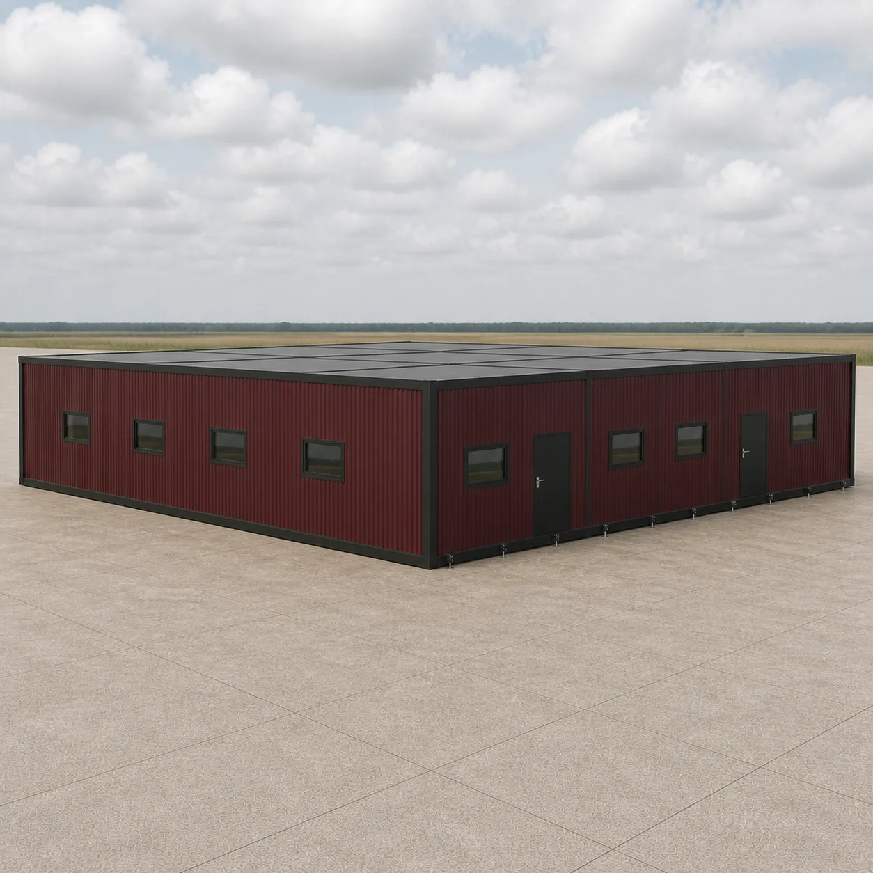 Burgundy Wine 40 by 40 ft expandable container office deployed, entrance wall and end wall in view