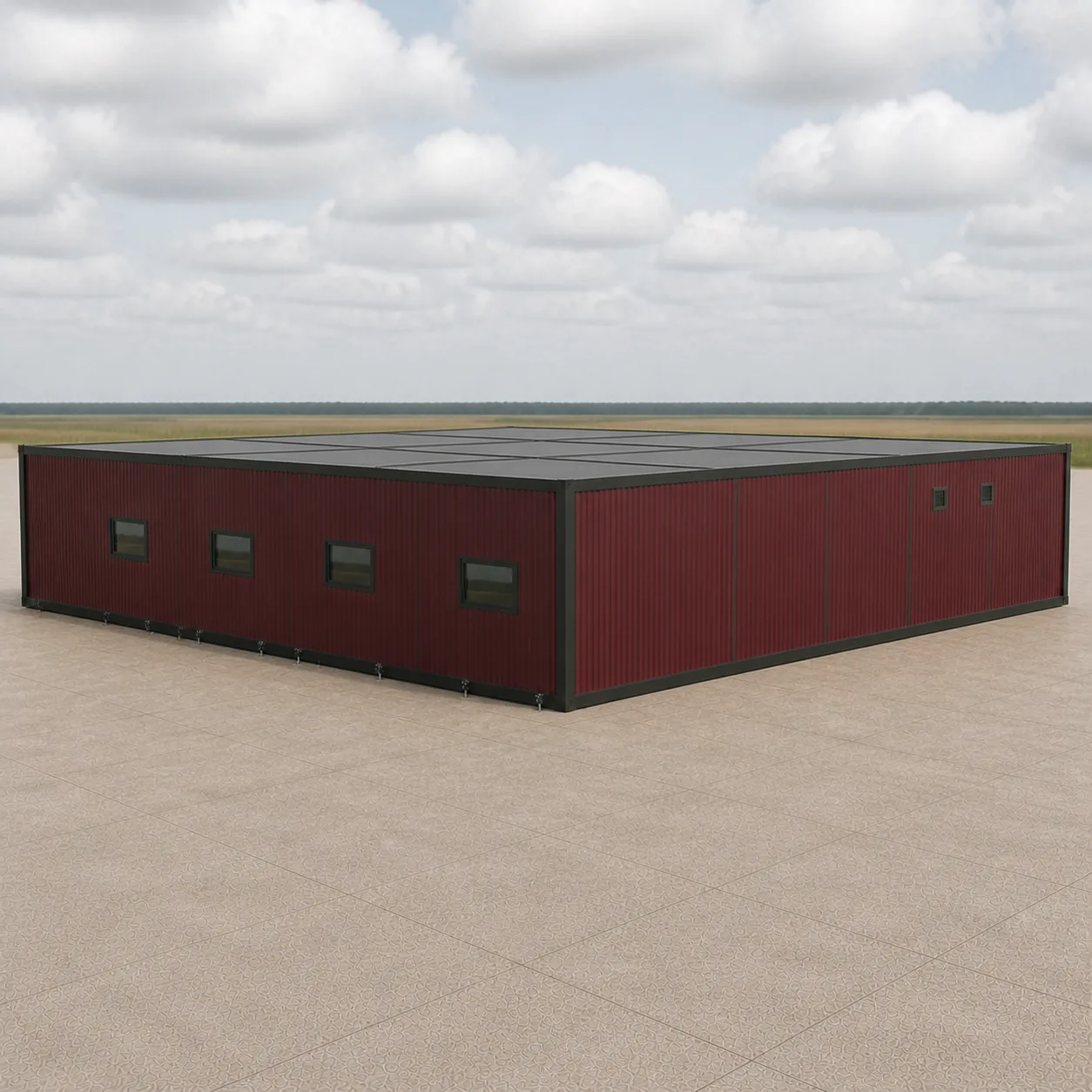 Burgundy Wine 40 by 40 ft expandable container office deployed, window wall and solid end wall