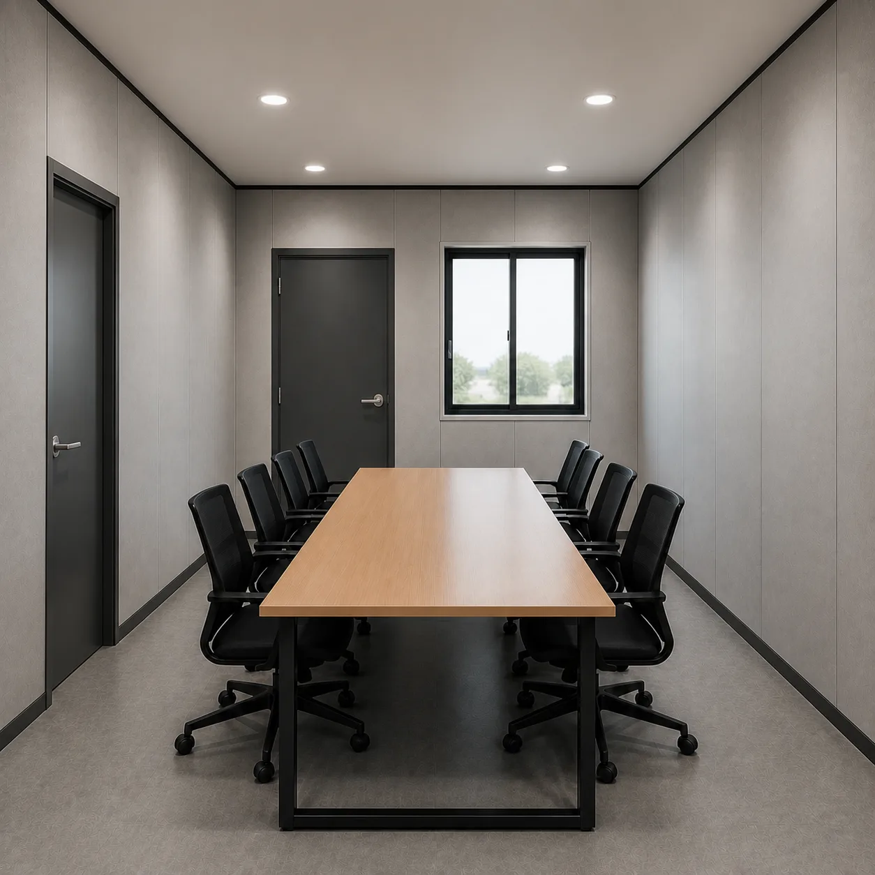 Pearl Grey conference room inside the 40 by 40 ft expandable container office, long table and chairs