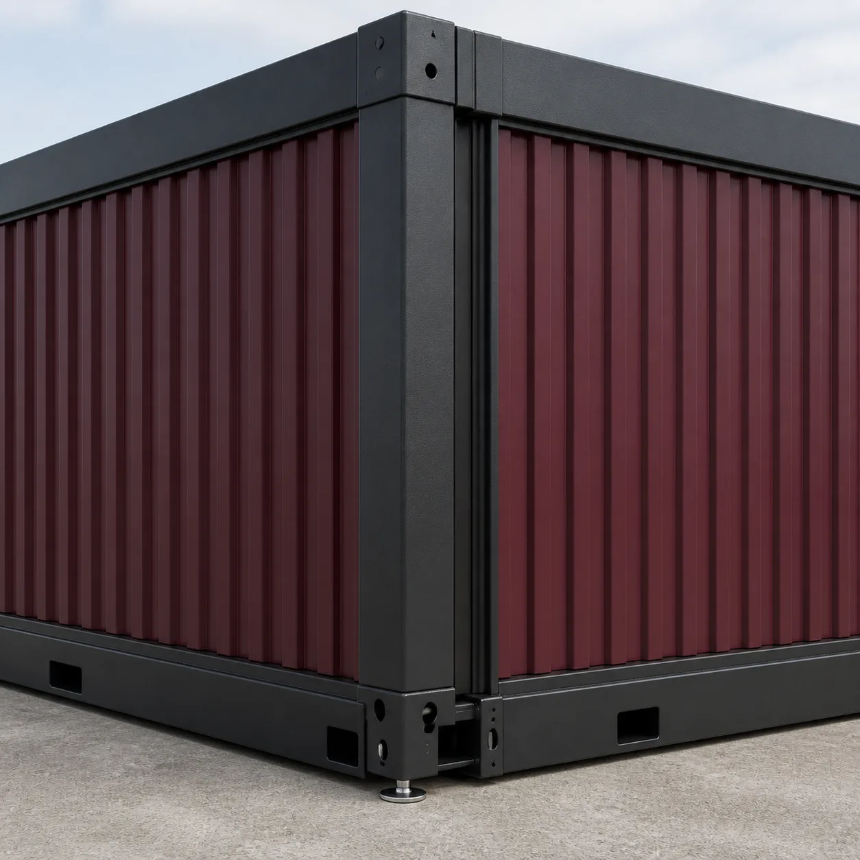 Close view of Burgundy Wine vertical corrugated MS cladding, corner post and base rail