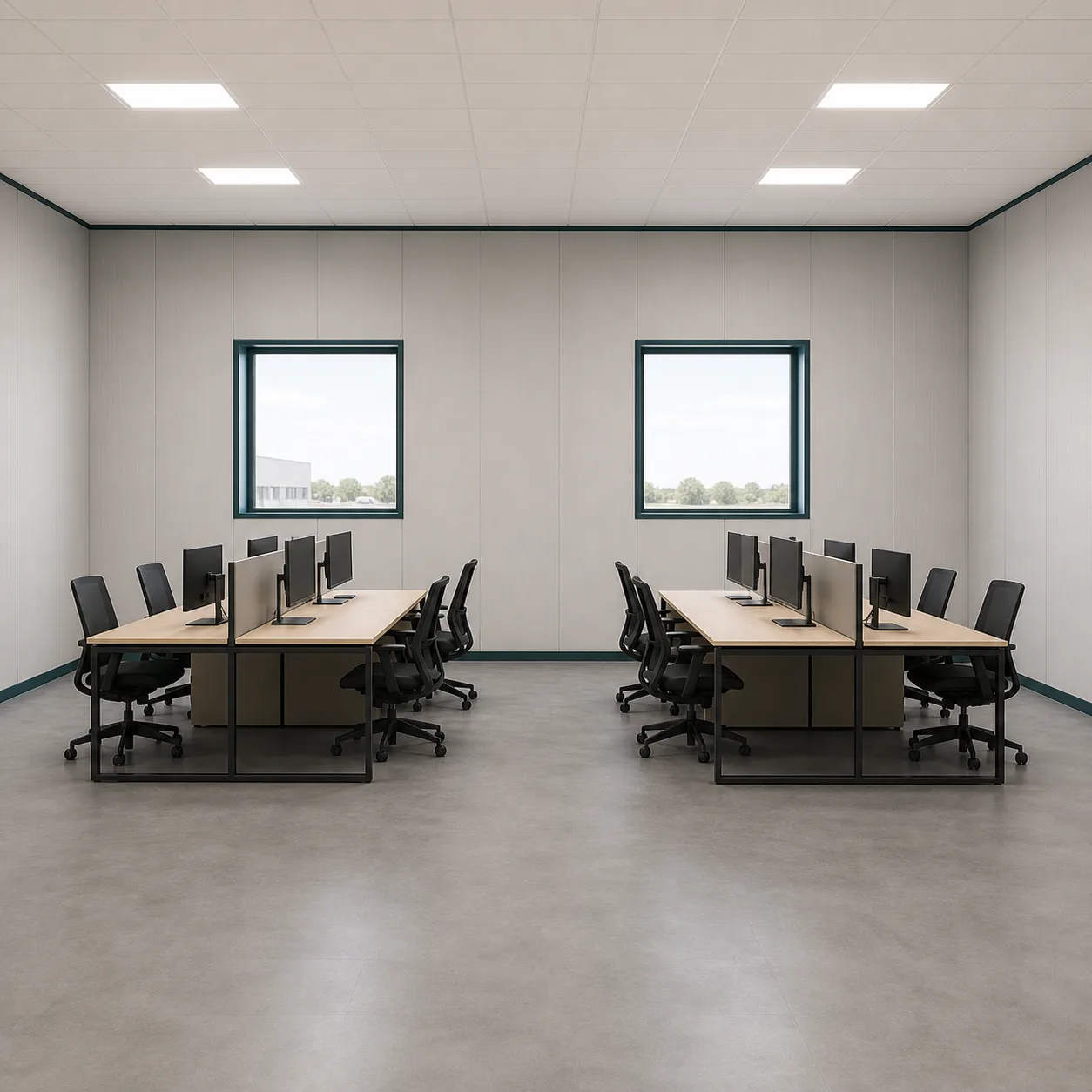 Pearl Grey front desk islands inside the 40 by 40 ft expandable container office