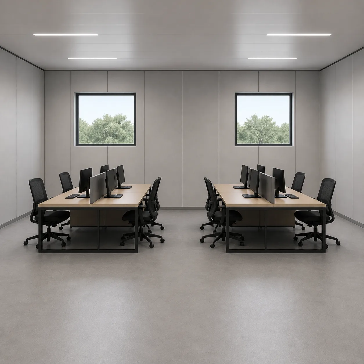 Pearl Grey rear desk islands inside the 40 by 40 ft expandable container office