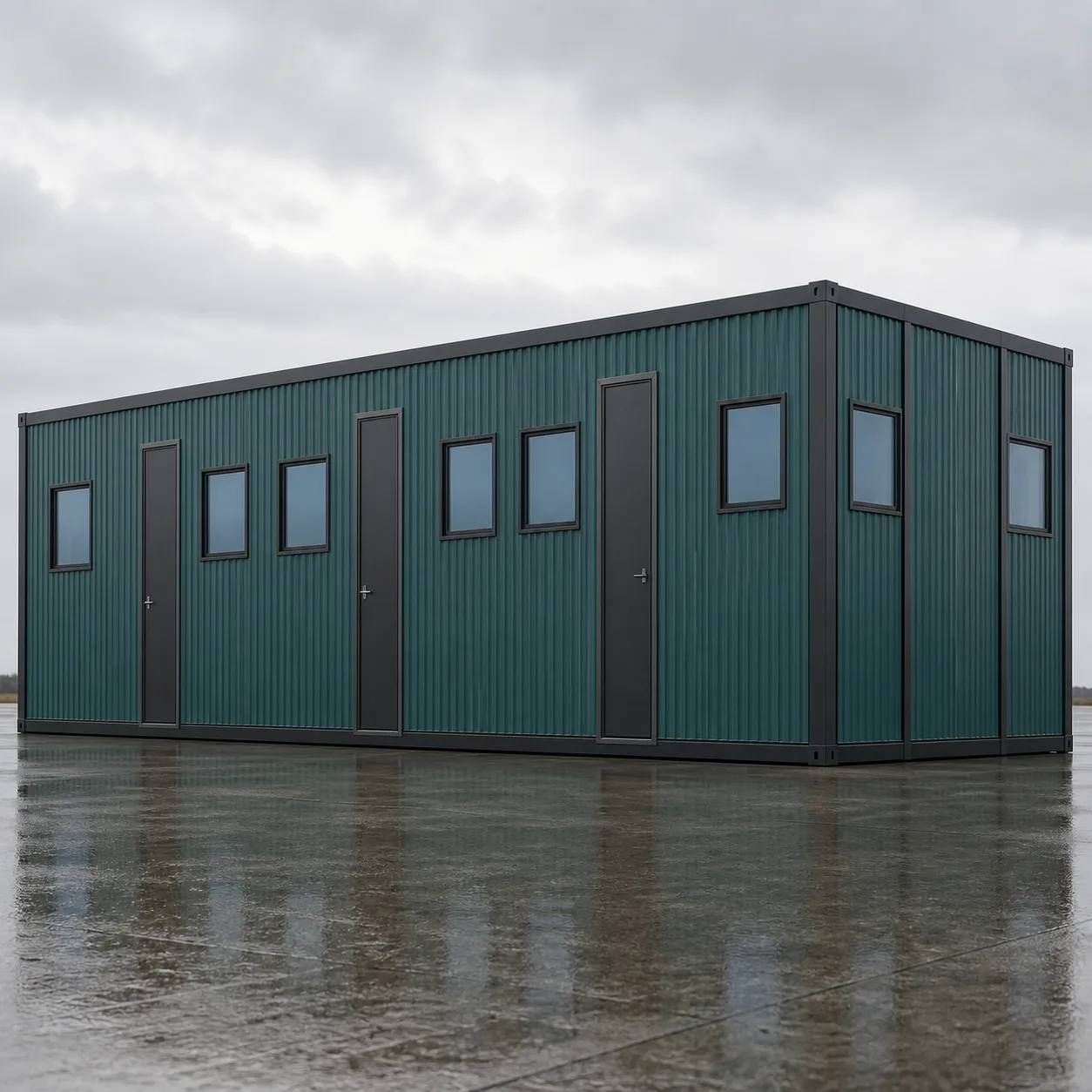 Muted Teal 60 by 20 ft expandable container office deployed, entrance wall and end wall in view