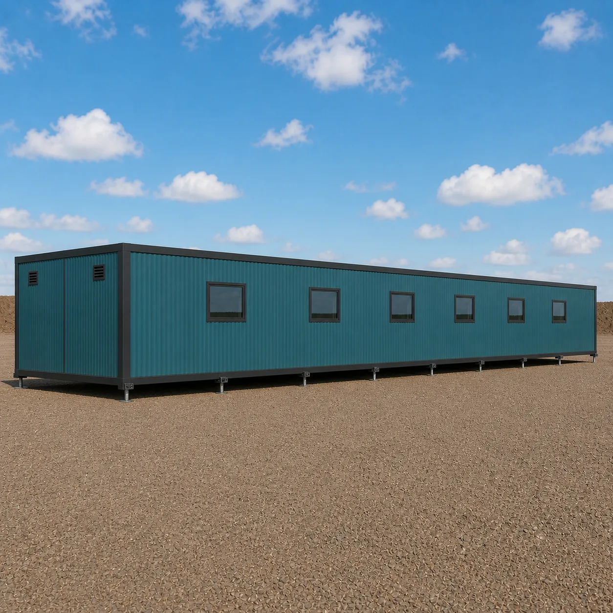 Muted Teal 60 by 20 ft expandable container office deployed, window wall and solid end wall