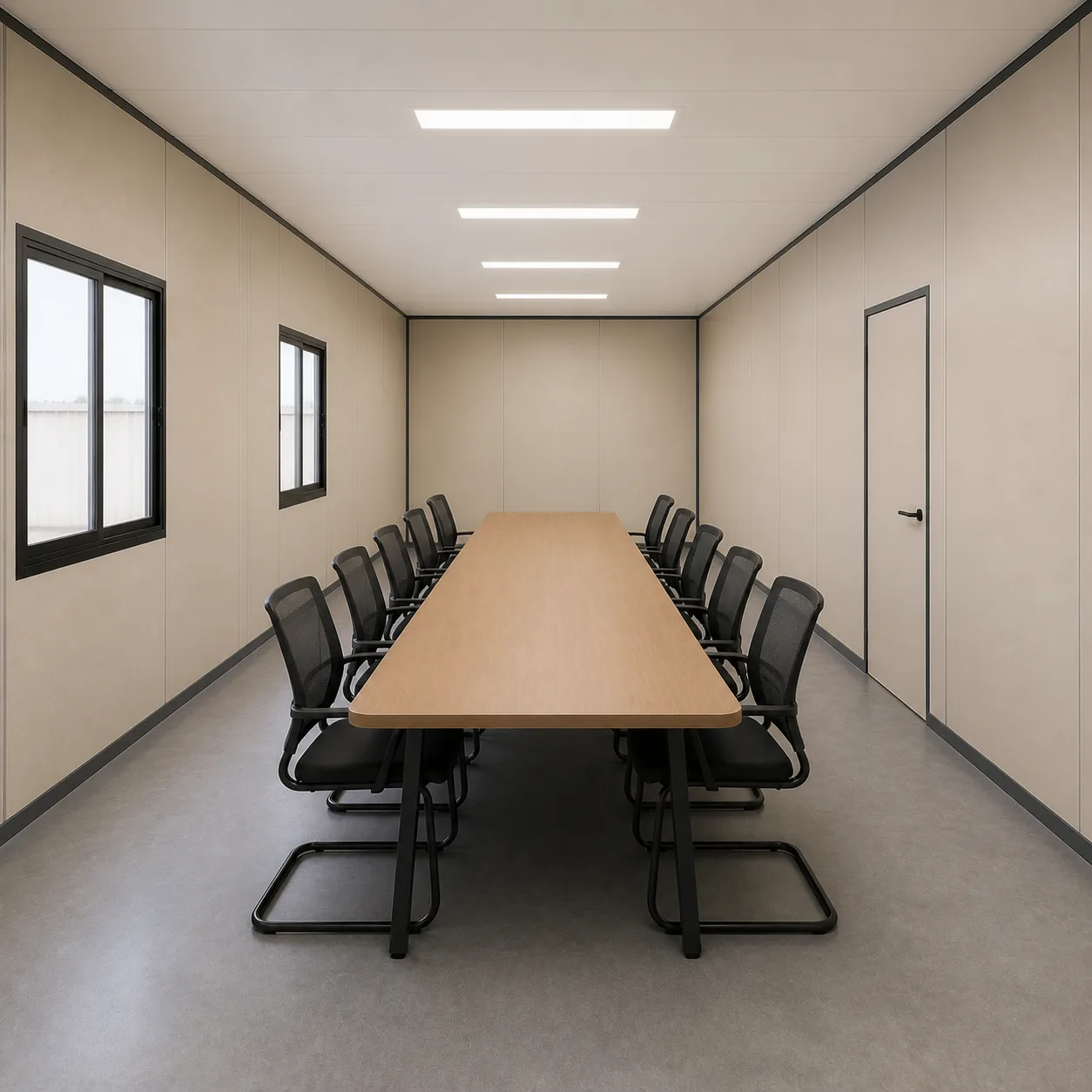 Almond Beige conference room inside the 60 by 20 ft expandable container office, long table and chairs