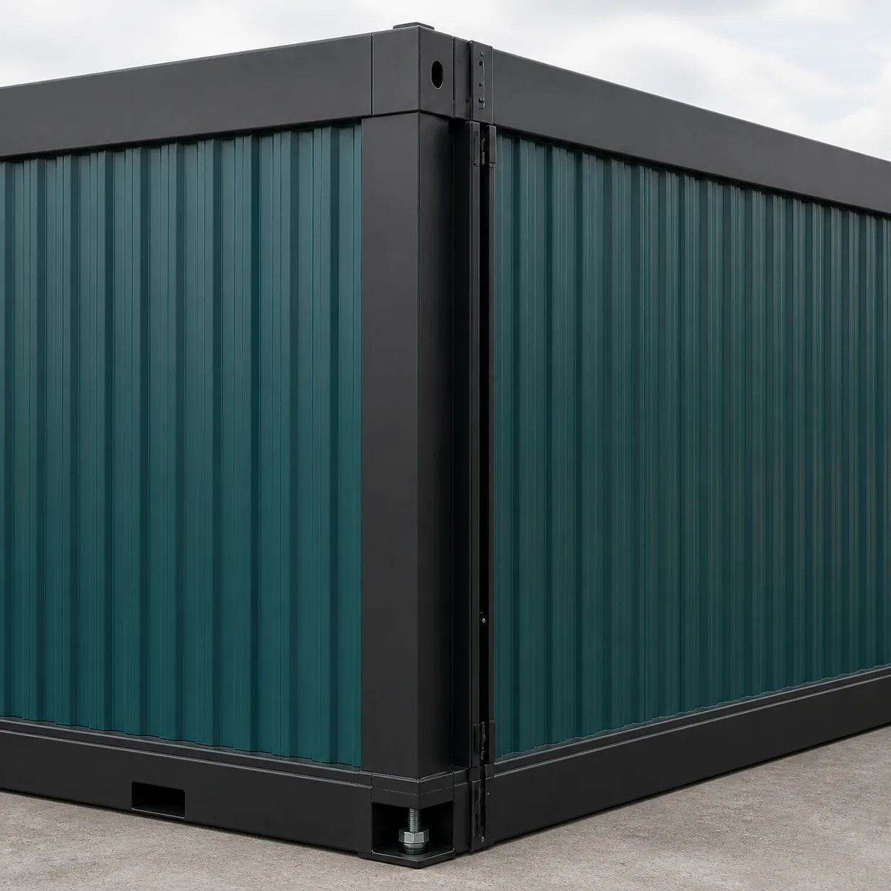 Close view of Muted Teal vertical corrugated MS cladding, corner post and base rail