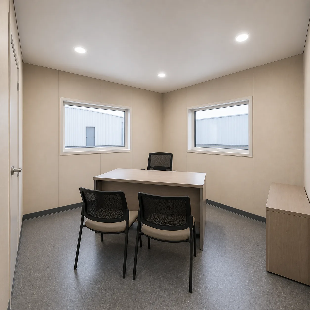 Almond Beige manager room inside the 60 by 20 ft expandable container office, desk and visitor chairs