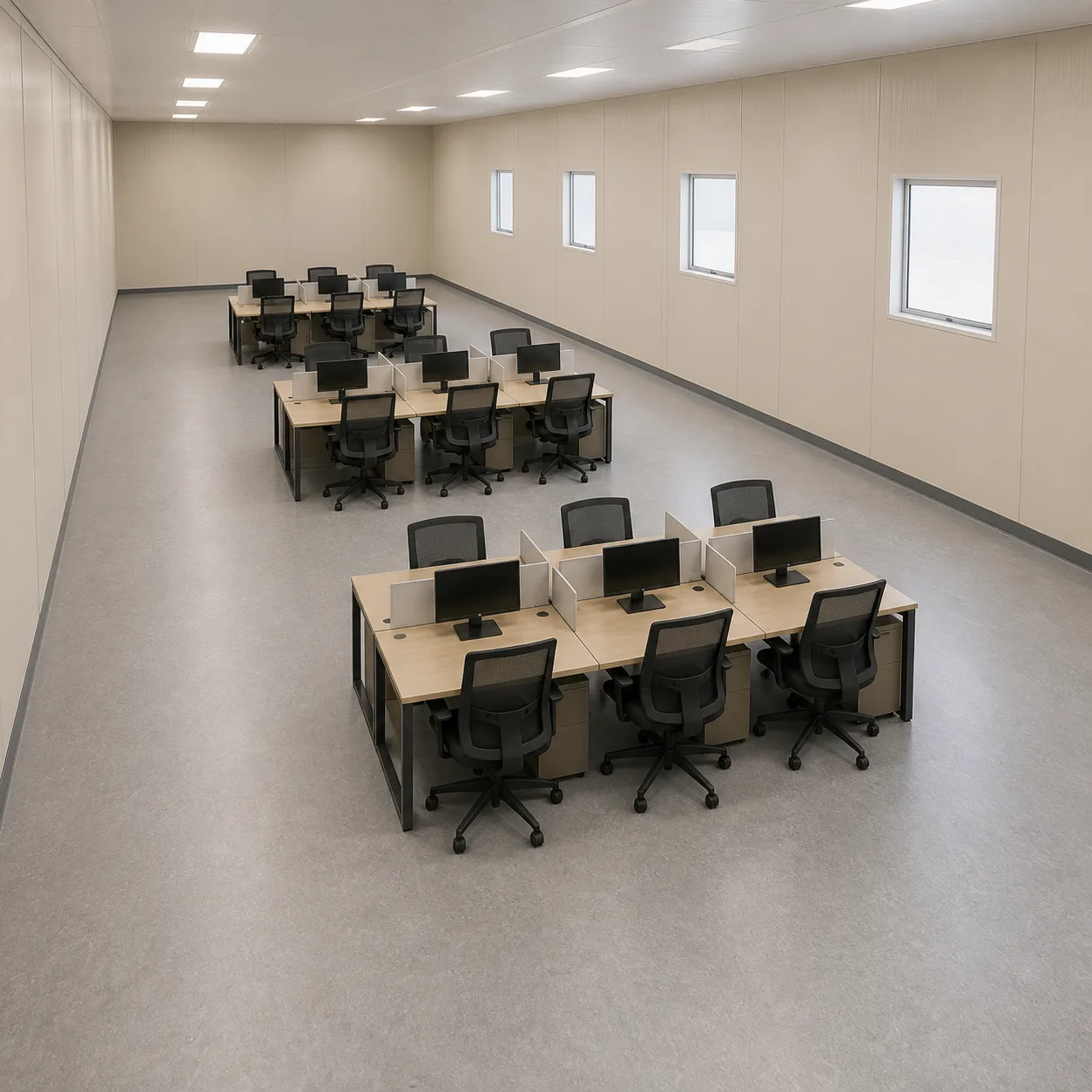 Almond Beige open office inside the 60 by 20 ft expandable container office, desks in facing islands