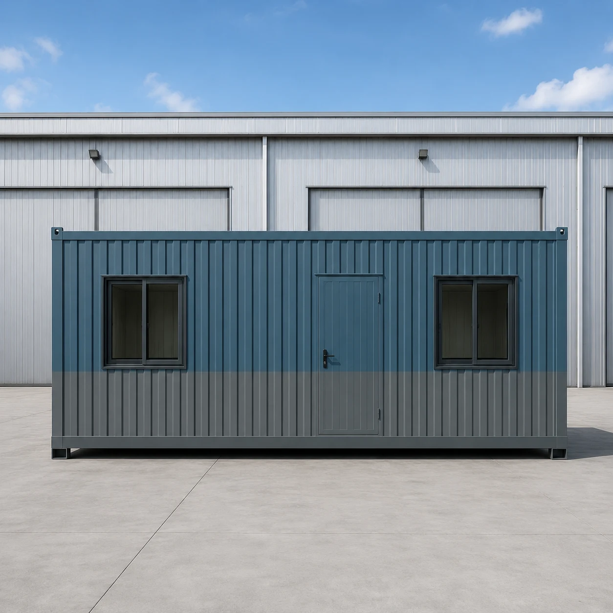Blue and grey 20x10 ft porta cabin, front elevation with central door