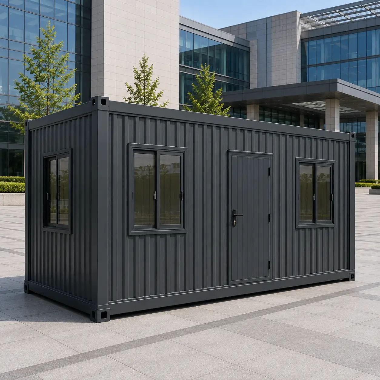 Dark grey 20x10 ft porta cabin, corner view at a paved yard
